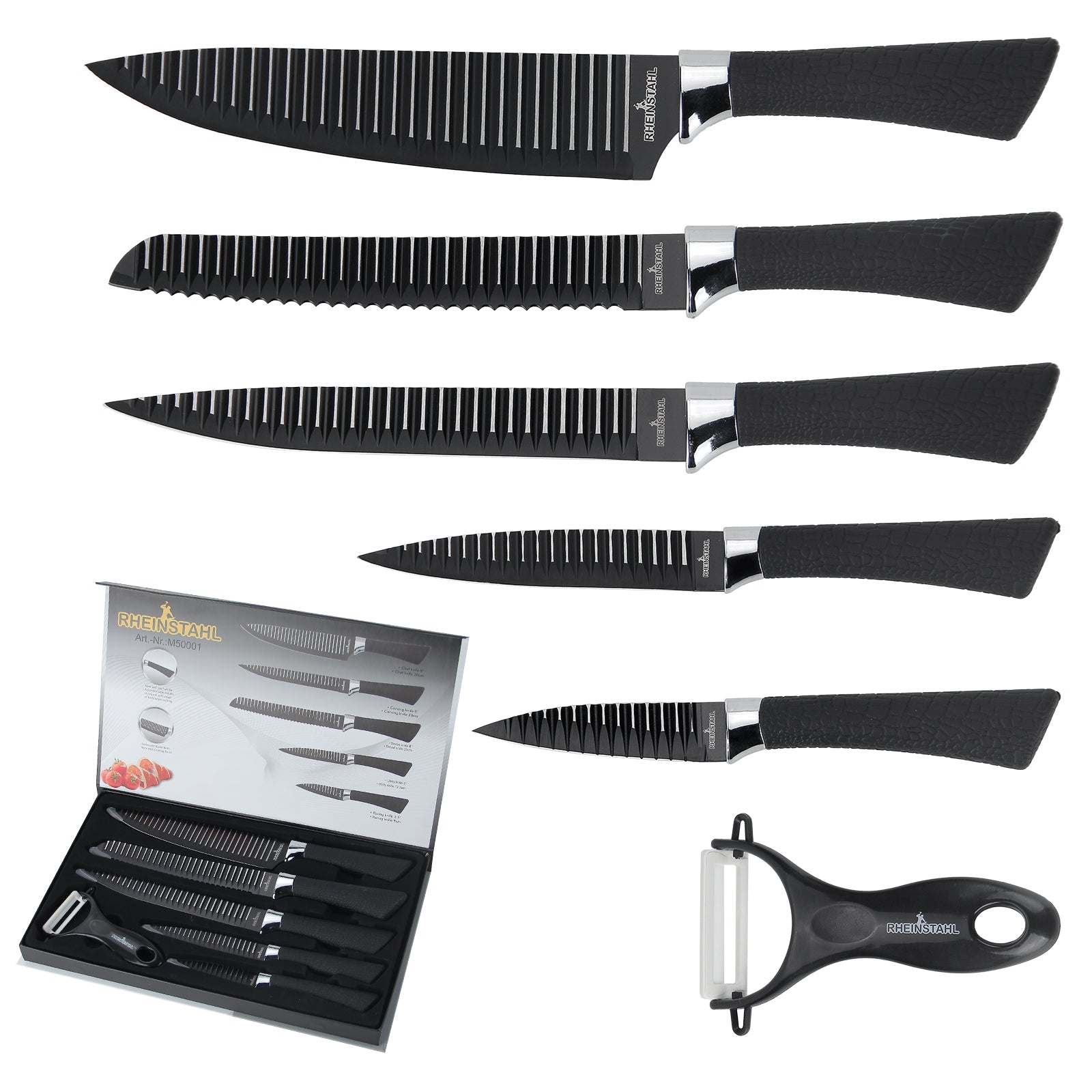 6-teiliges Küchenmesserset mit Antihaft-Rillenstruktur, Edelstahl-Klingen, Geschenkbox