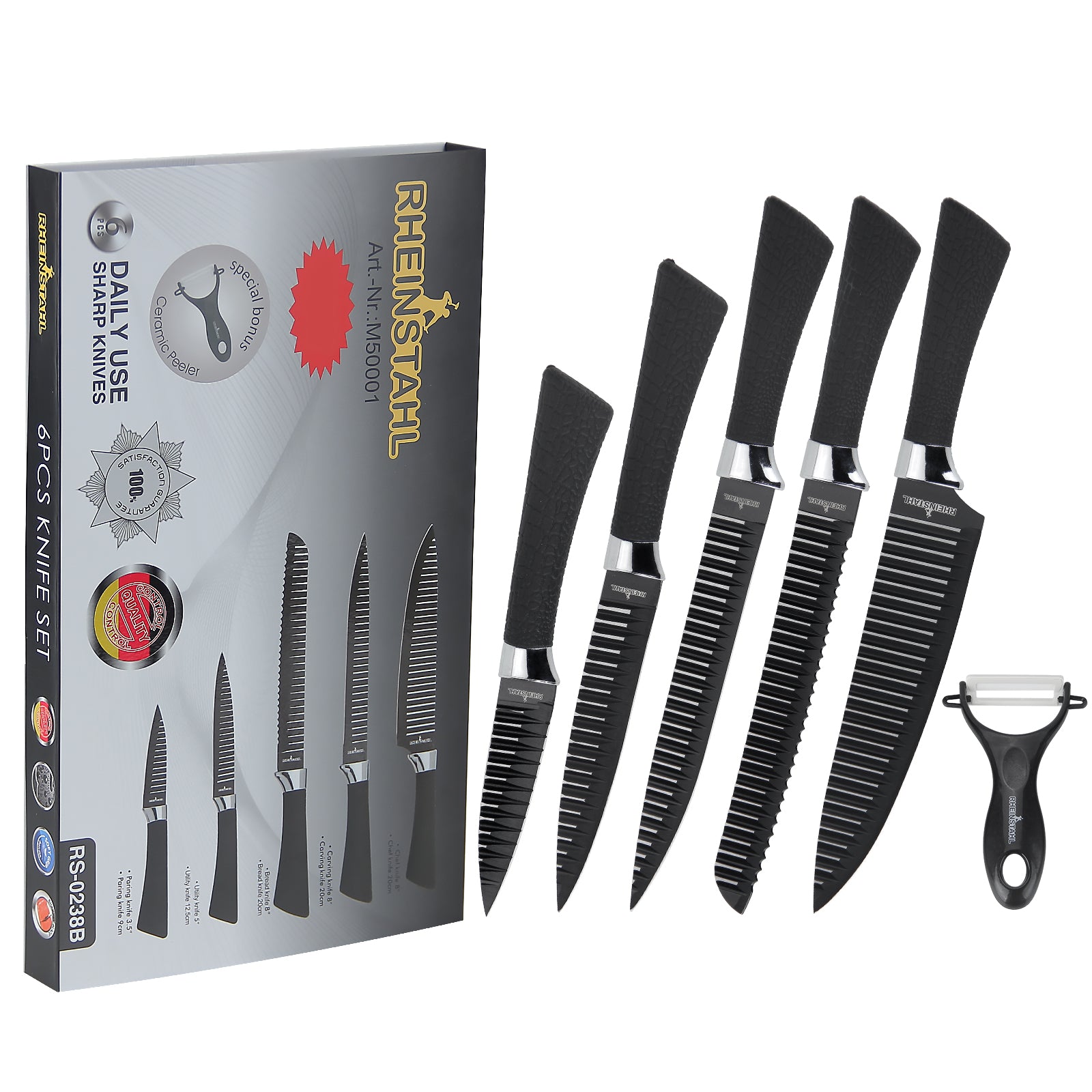 6-teiliges Küchenmesserset mit Antihaft-Rillenstruktur, Edelstahl-Klingen, Geschenkbox