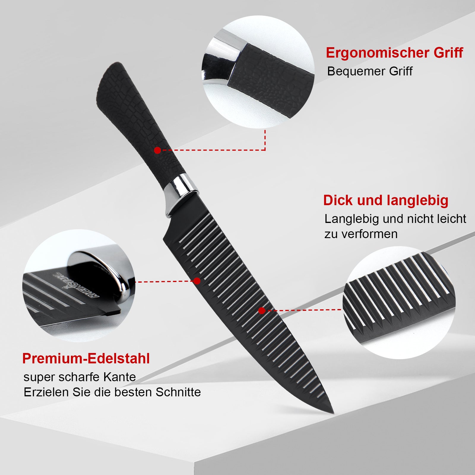 6-teiliges Küchenmesserset mit Antihaft-Rillenstruktur, Edelstahl-Klingen, Geschenkbox