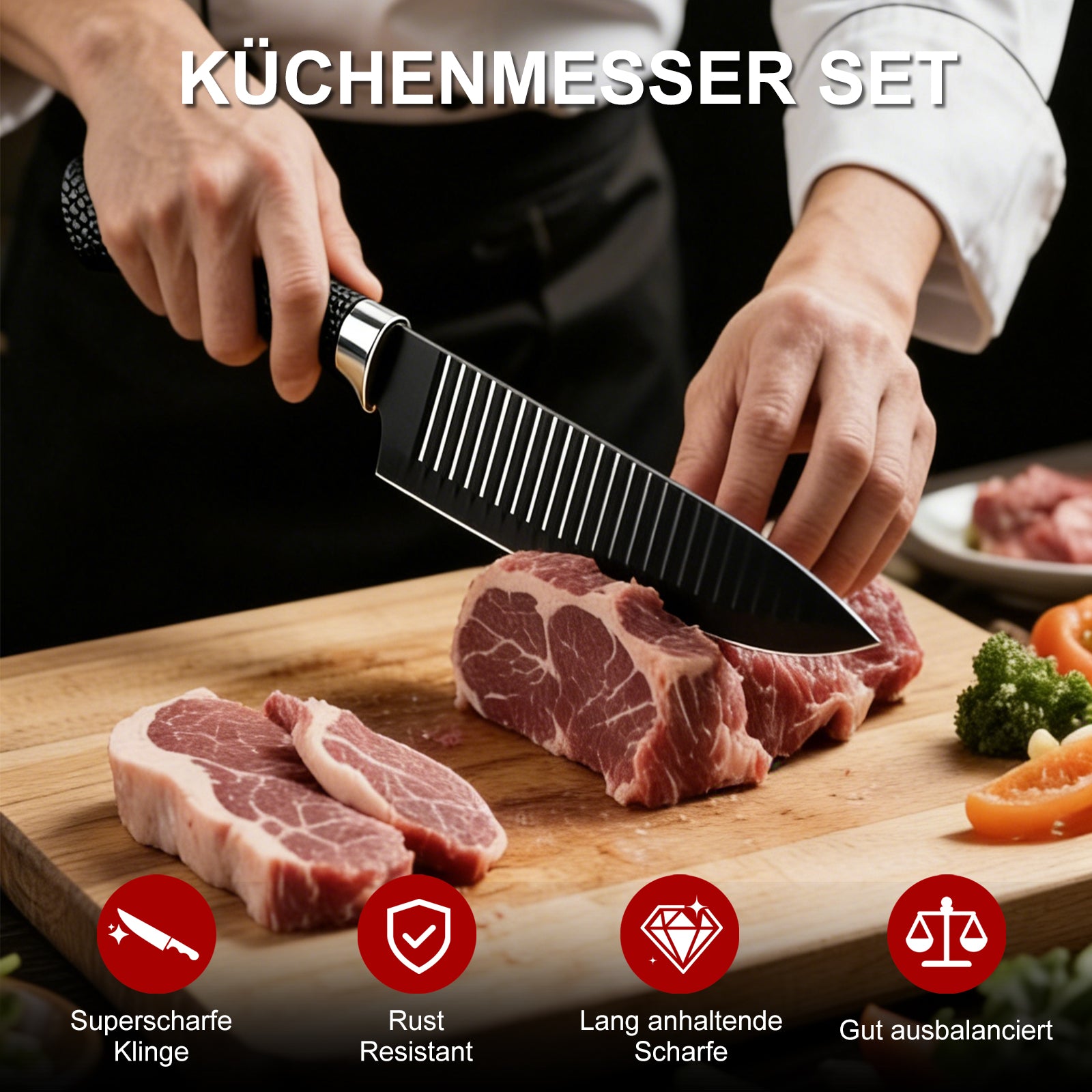 6-teiliges Küchenmesserset mit Antihaft-Rillenstruktur, Edelstahl-Klingen, Geschenkbox