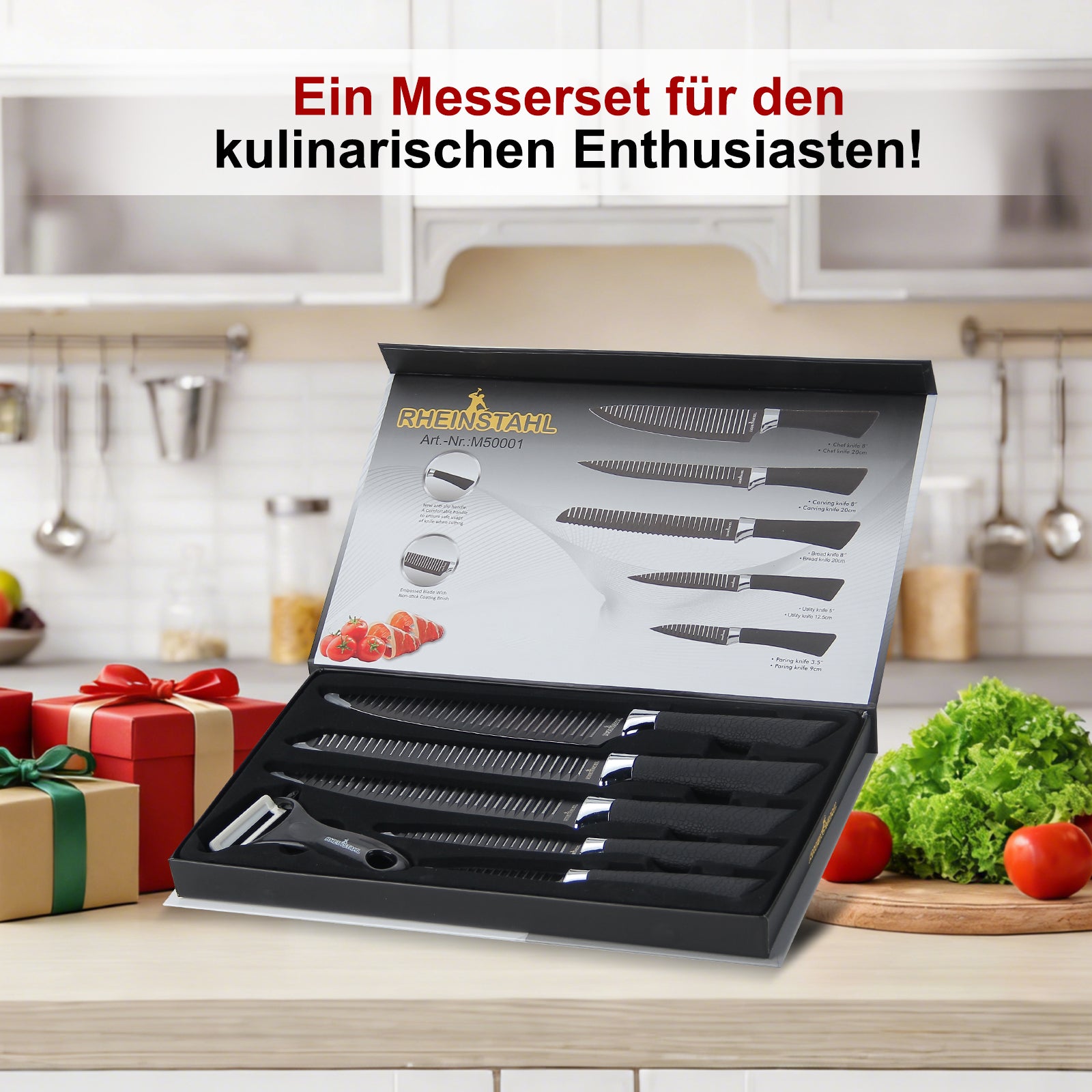 6-teiliges Küchenmesserset mit Antihaft-Rillenstruktur, Edelstahl-Klingen, Geschenkbox