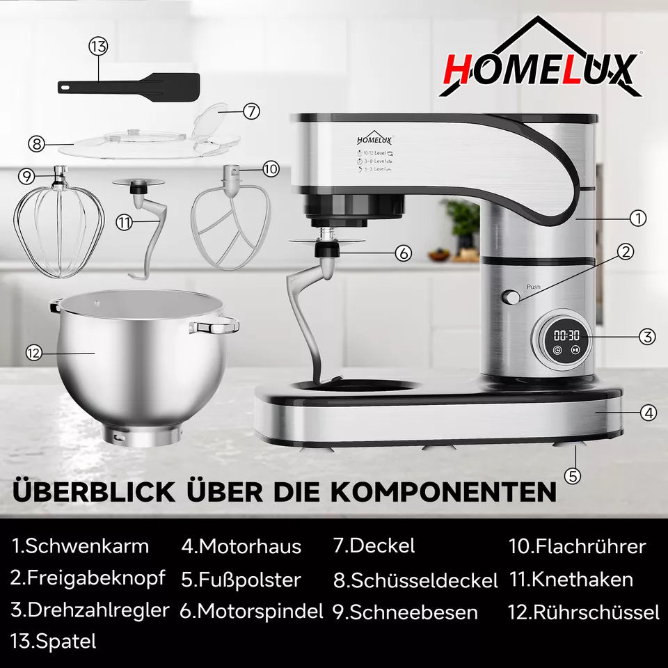 Multifunktionale Küchenmaschine mit Knethaken, Rührbesen und Schneebesen