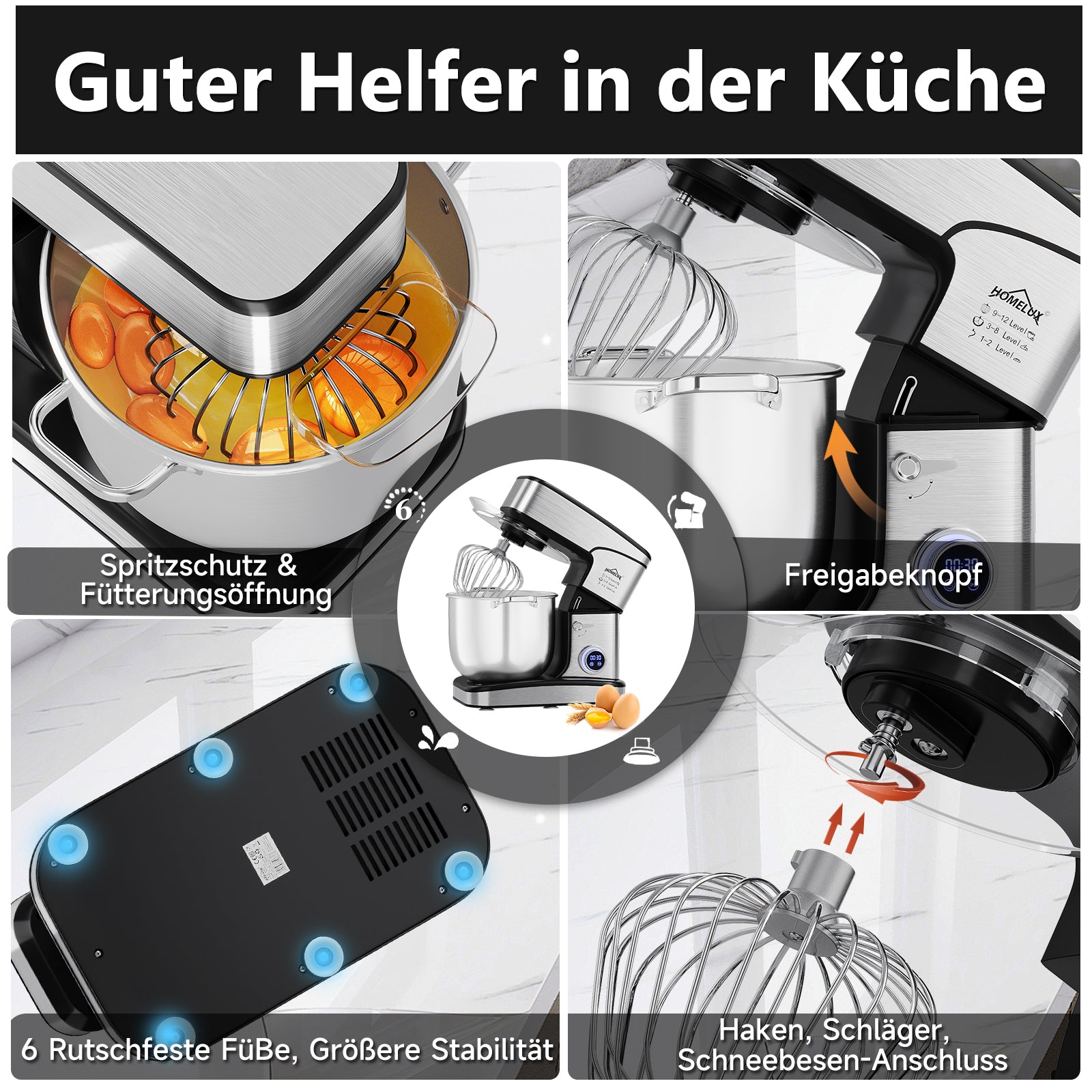 HOMELUX 2800W Küchenmaschine mit 16L XXL Edelstahl-Schüssel und digitaler Steuerung