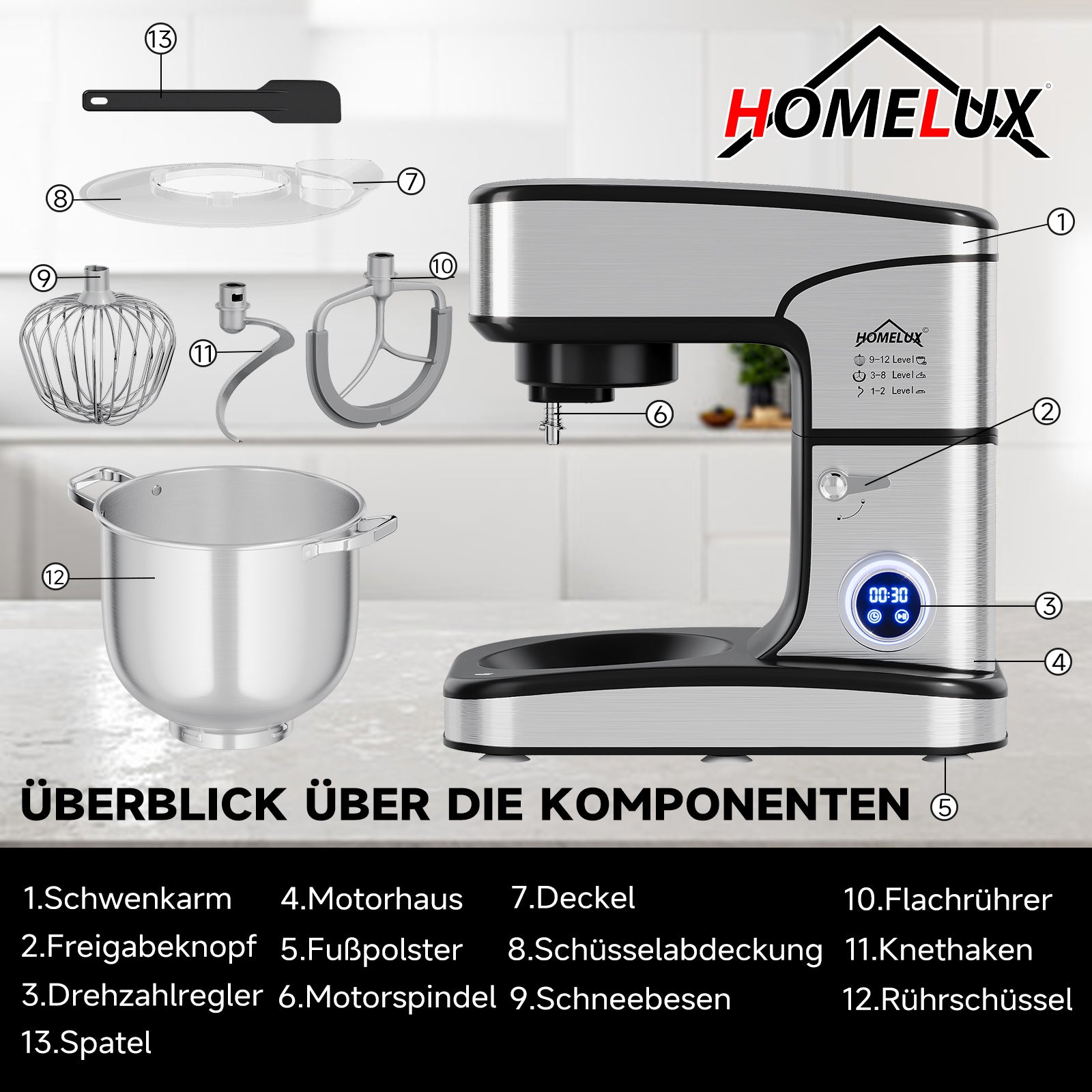 2800W 16L XXL HOMELUX Küchenmaschine mit 16L XXL Edelstahl-Schüssel und digitaler Steuerung