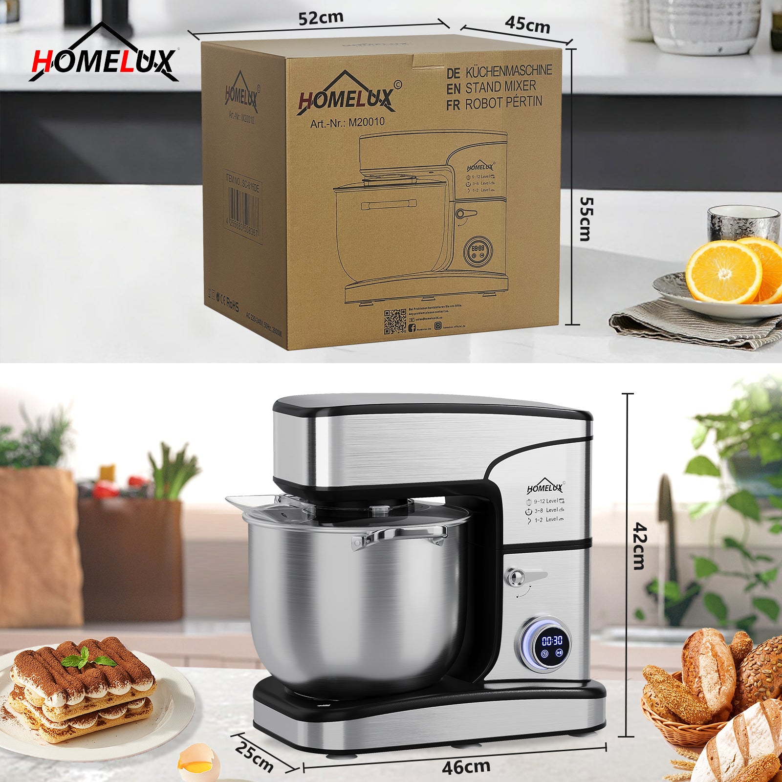 HOMELUX 2800W Küchenmaschine mit 16L XXL Edelstahl-Schüssel und digitaler Steuerung