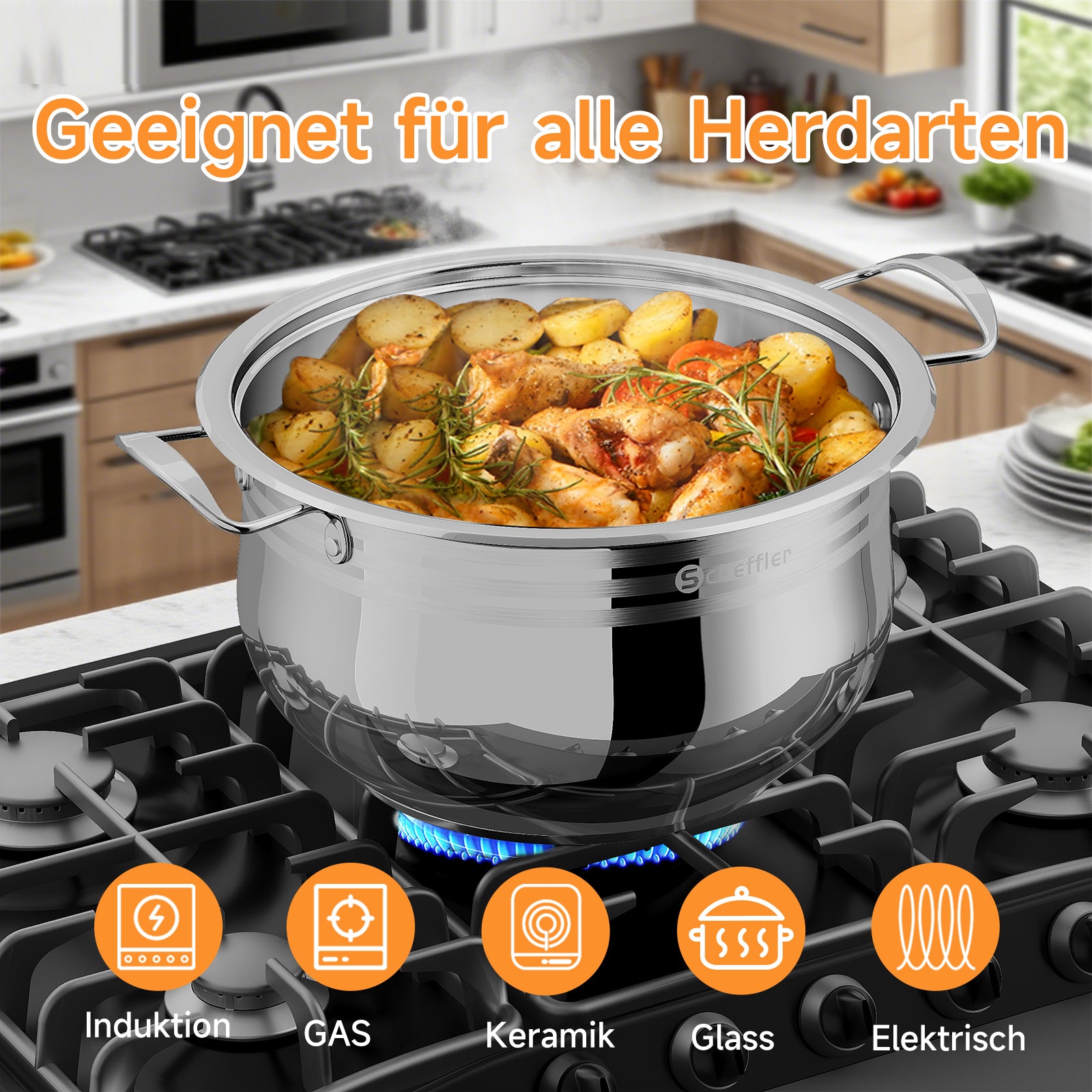 22/24/26/28/30 cm Topfset Scheffler Edelstahl Topfset 10-teilig, induktionsgeeignetes Kochgeschirr mit Deckeln, passend für alle Herdarten