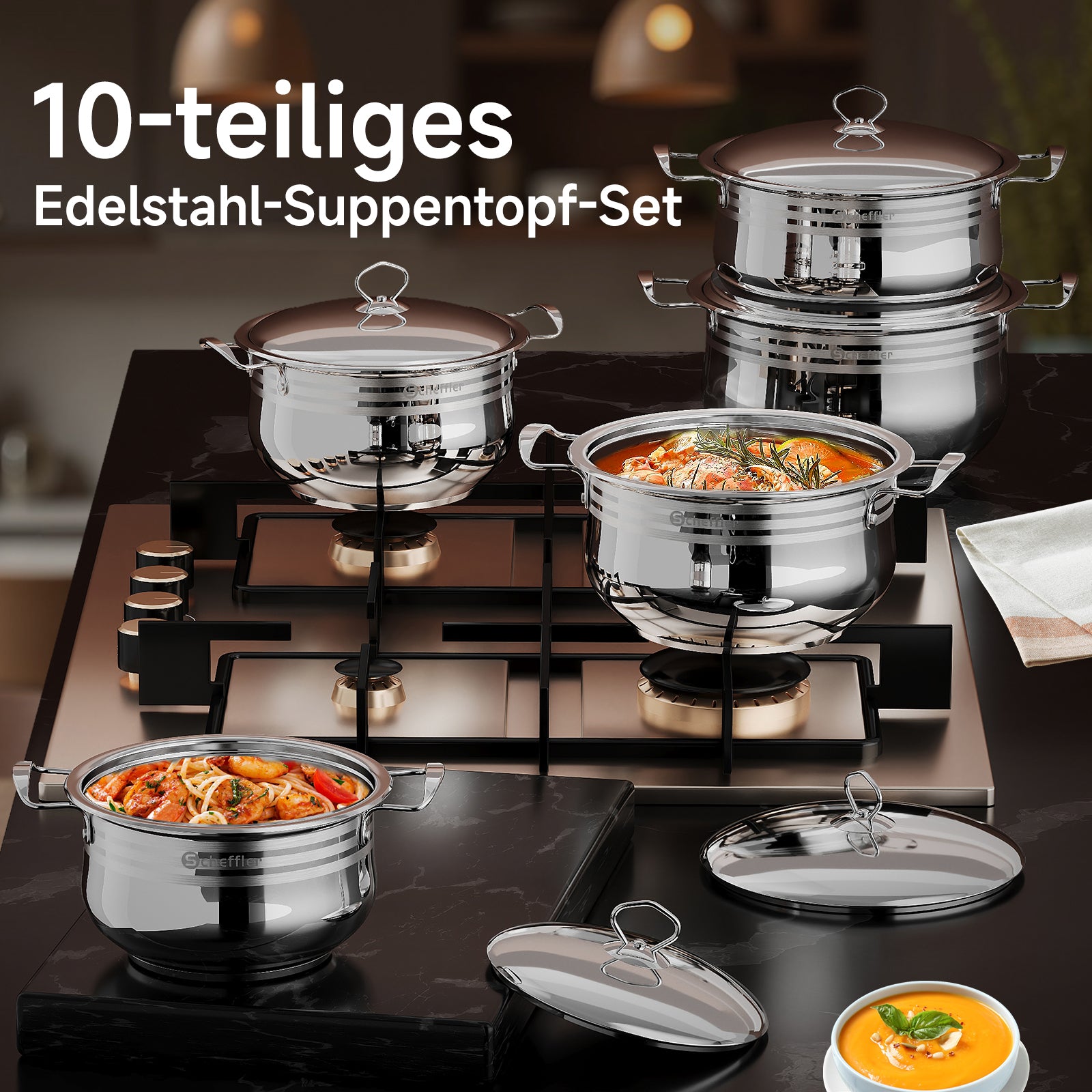 22/24/26/28/30 cm Topfset Scheffler Edelstahl Topfset 10-teilig, induktionsgeeignetes Kochgeschirr mit Deckeln, passend für alle Herdarten