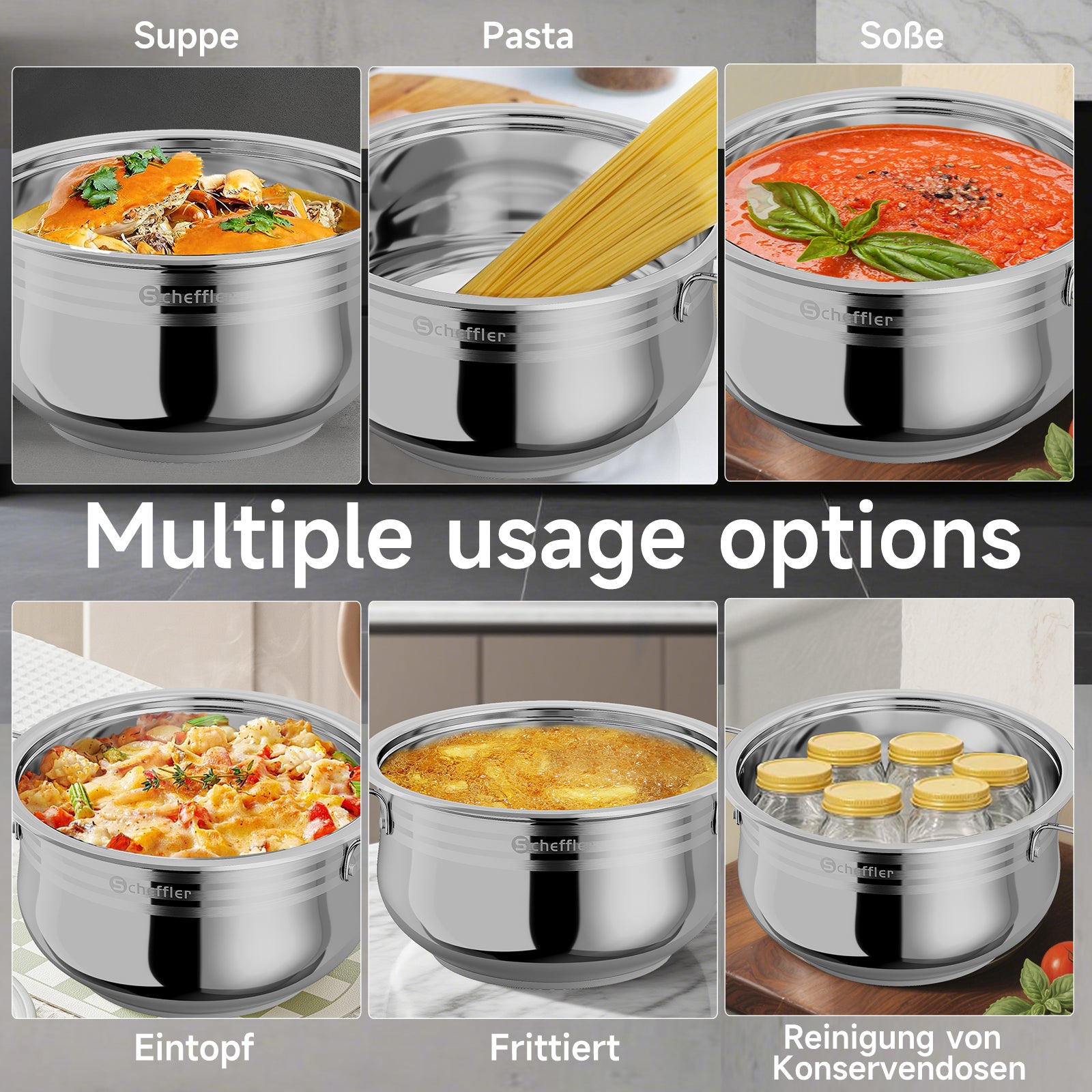 22/24/26/28/30 cm Topfset Scheffler Edelstahl Topfset 10-teilig, induktionsgeeignetes Kochgeschirr mit Deckeln, passend für alle Herdarten