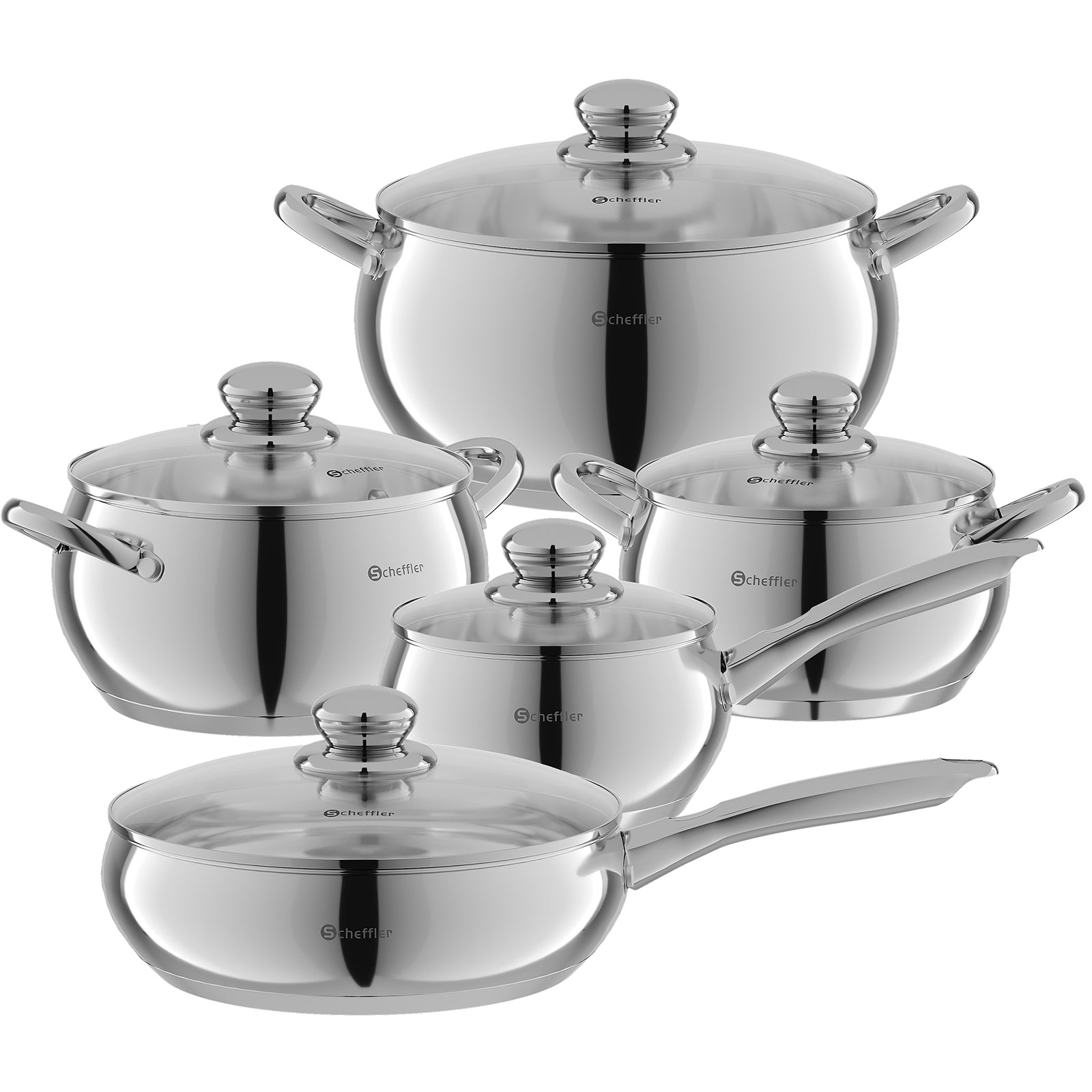Scheffler 10-teiliges Edelstahl Topfset mit Deckeln, induktionsgeeignet, passend für alle Herdarten