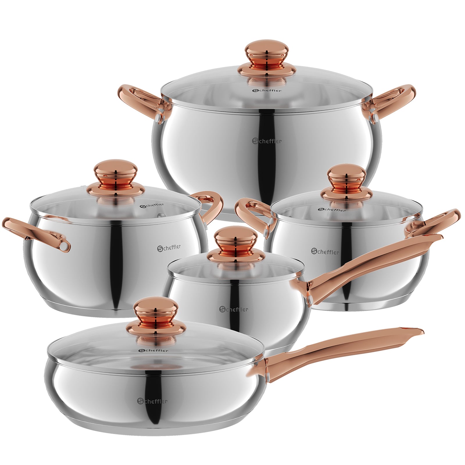 Scheffler 10-teiliges Edelstahl Topfset mit Deckeln, induktionsgeeignet, passend für alle Herdarten