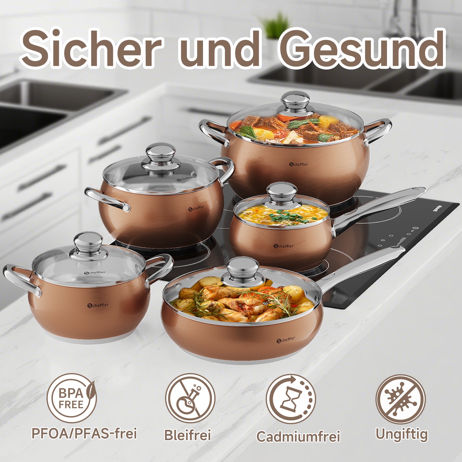 Scheffler 10-teiliges Edelstahl Topfset mit Deckeln, induktionsgeeignet, passend für alle Herdarten