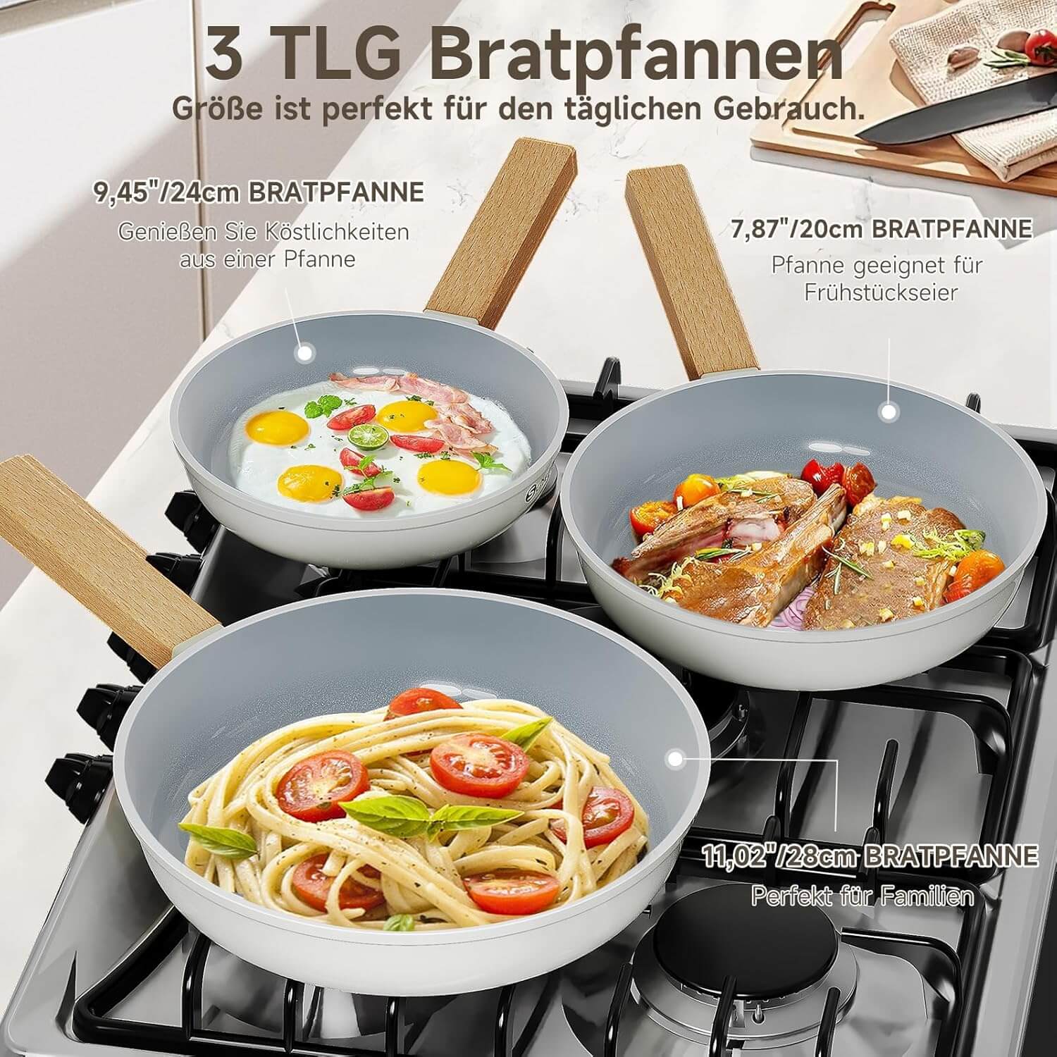 Pfannen-Set Pfanne Ø20/24/28 cm Bratpfanne Antihaftbeschichtung Pfanne Induktion geeignet für alle Herdarten