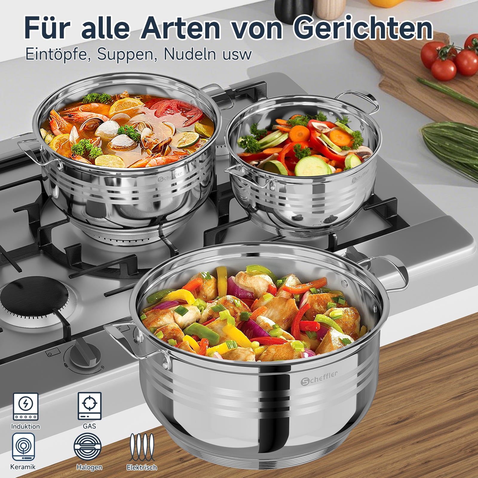 32/36/40 cm Topfset Scheffler Edelstahl Topfset 6-teilig, Kochgeschirr mit Deckel, induktionsgeeignet und passend für alle Herdarten