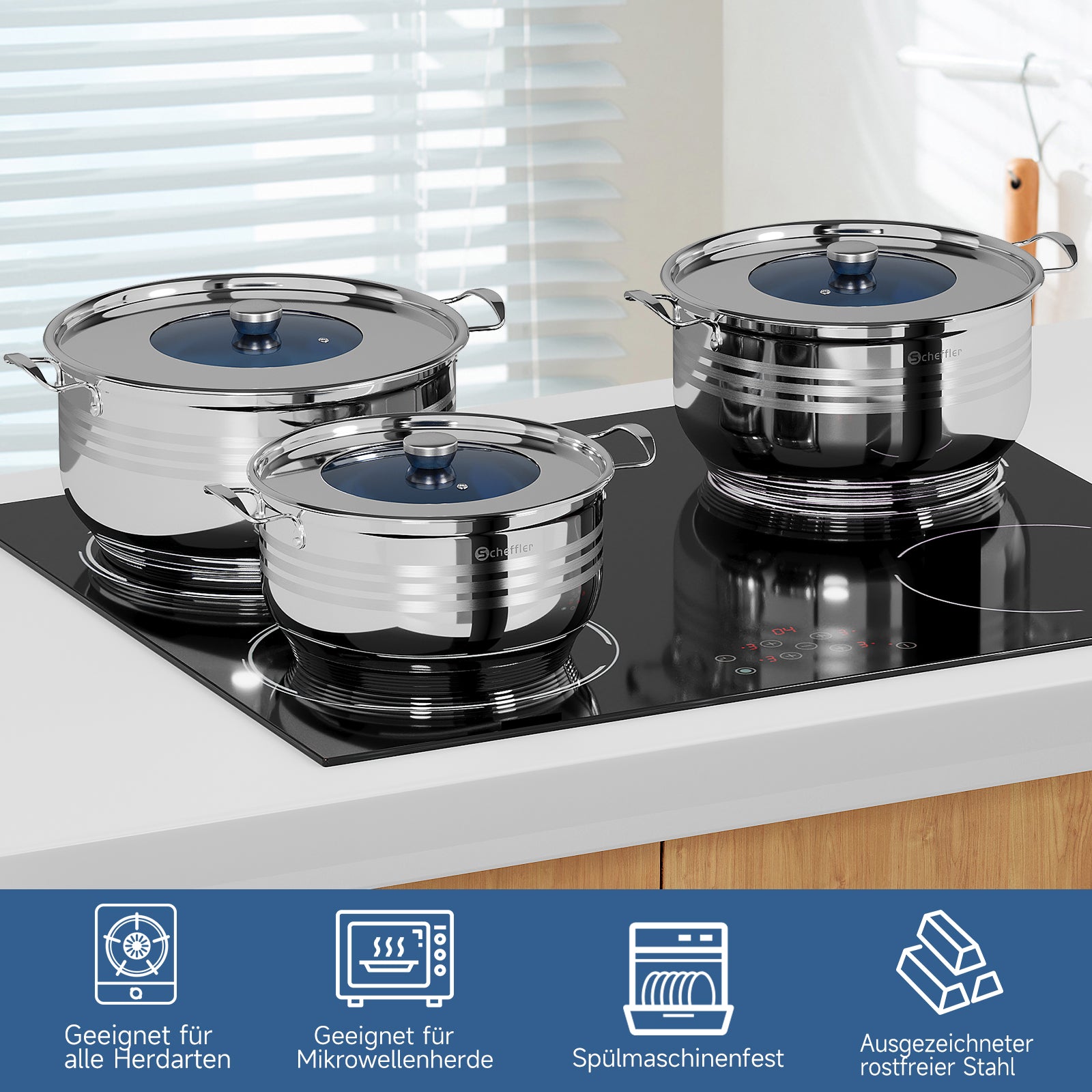 32/36/40 cm Topfset Scheffler Edelstahl Topfset 6-teilig, Kochgeschirr mit Deckel, induktionsgeeignet und passend für alle Herdarten