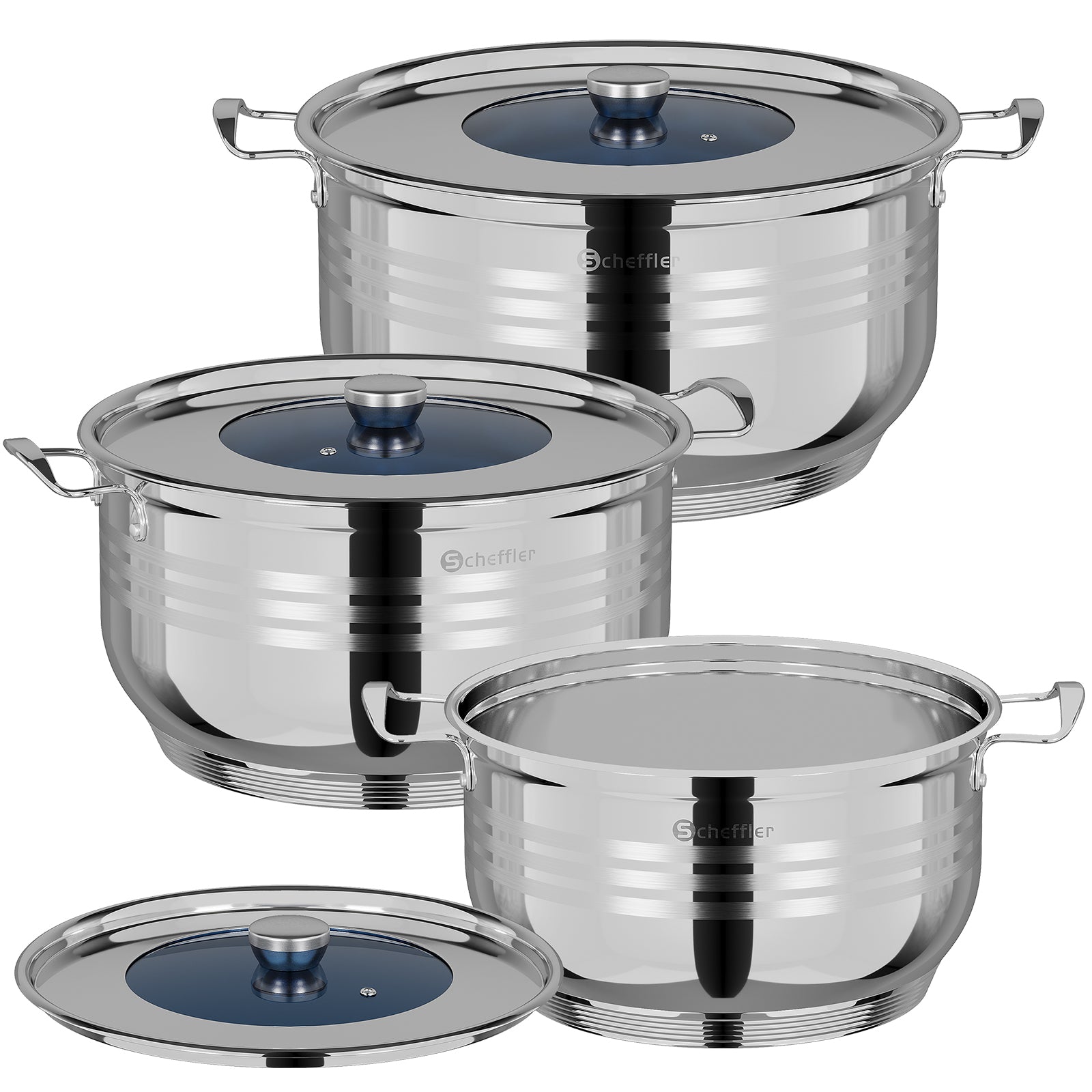 32/36/40 cm Topfset Scheffler Edelstahl Topfset 6-teilig, Kochgeschirr mit Deckel, induktionsgeeignet und passend für alle Herdarten