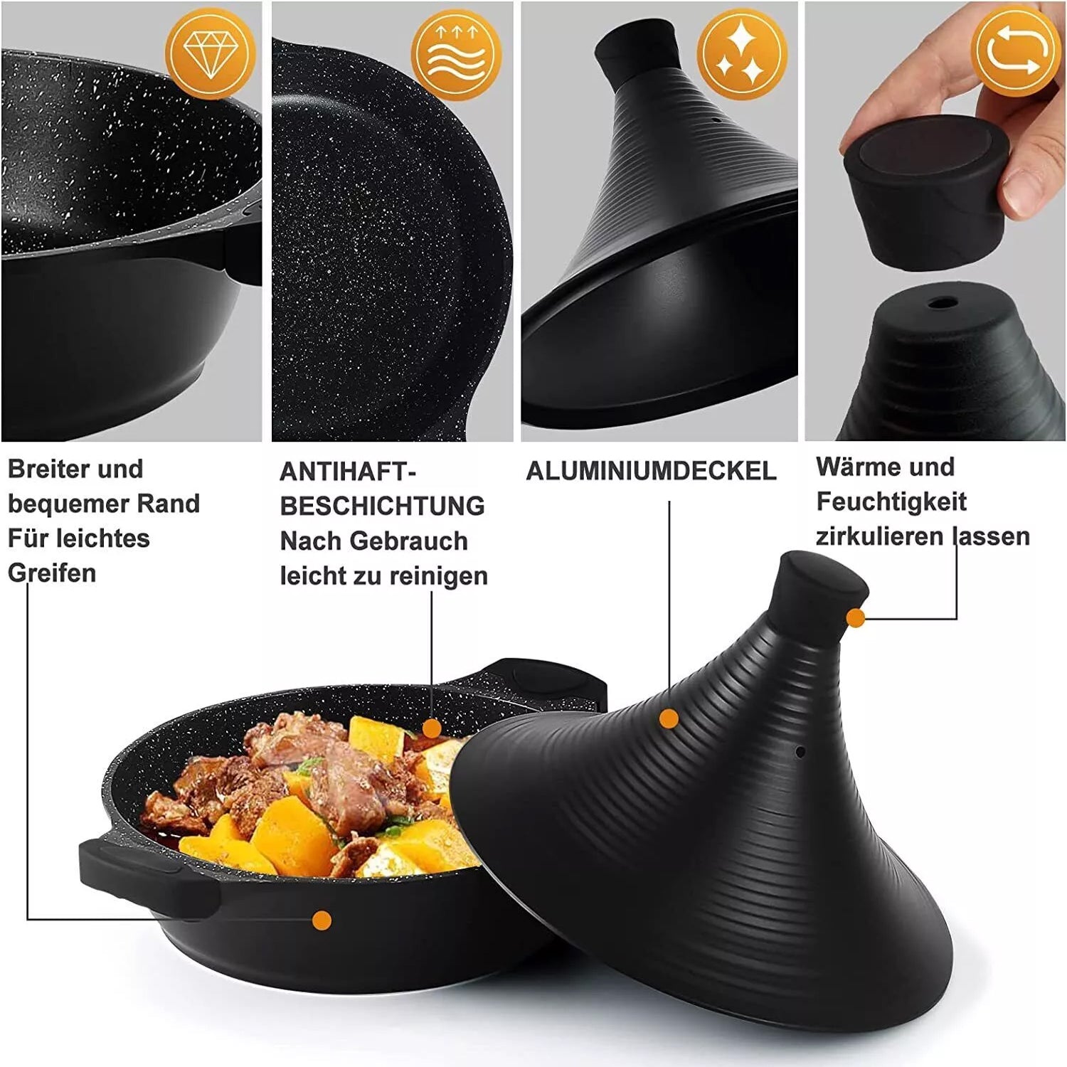 Scheffler Tajine-Topf – Marokkanische Tajine 28 cm Antihaftbeschichtung aus Aluminium mit konischer Form