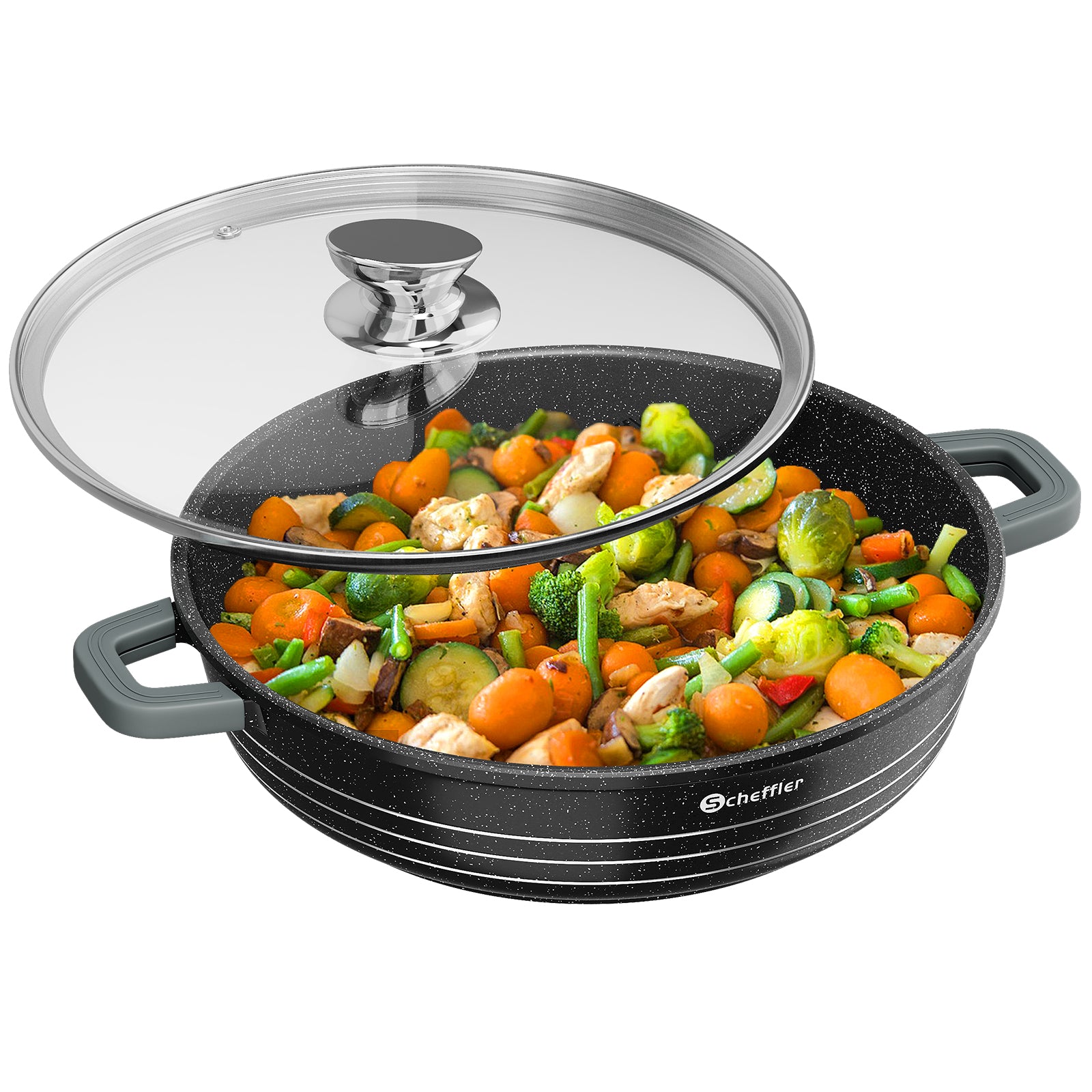 Scheffler Induktions-Servierpfanne aus Aluminiumguss mit marmorierter Antihaftbeschichtung, Glasdeckel und hitzebeständigem Silikongriff