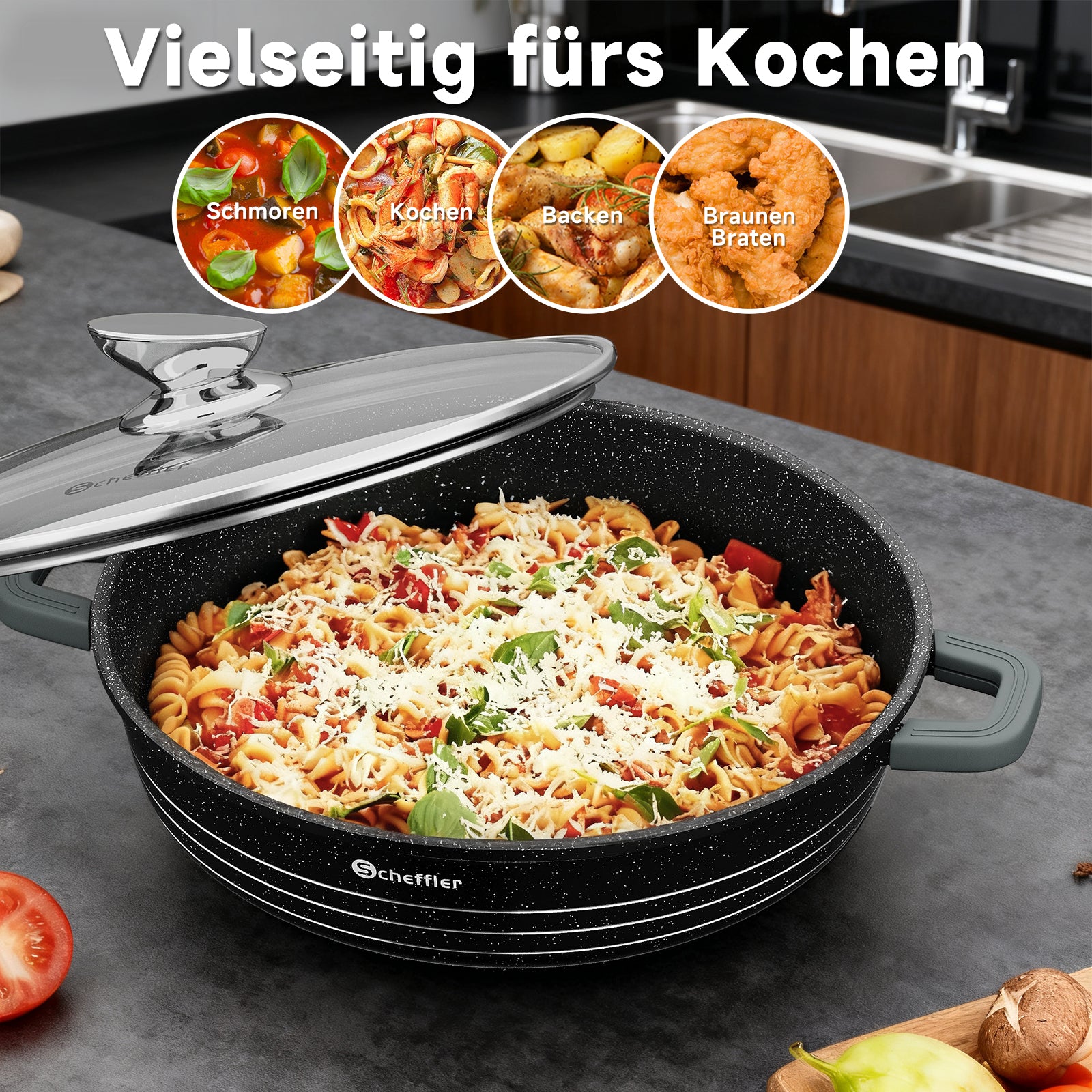 Scheffler Induktions-Servierpfanne aus Aluminiumguss mit marmorierter Antihaftbeschichtung, Glasdeckel und hitzebeständigem Silikongriff