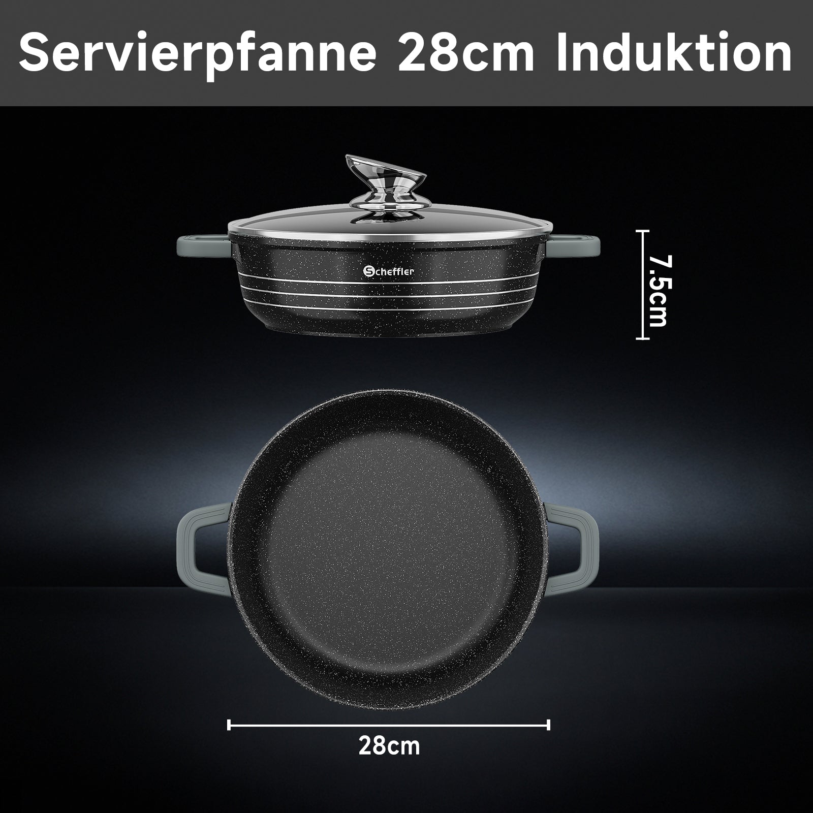 Scheffler Induktions-Servierpfanne aus Aluminiumguss mit marmorierter Antihaftbeschichtung, Glasdeckel und hitzebeständigem Silikongriff