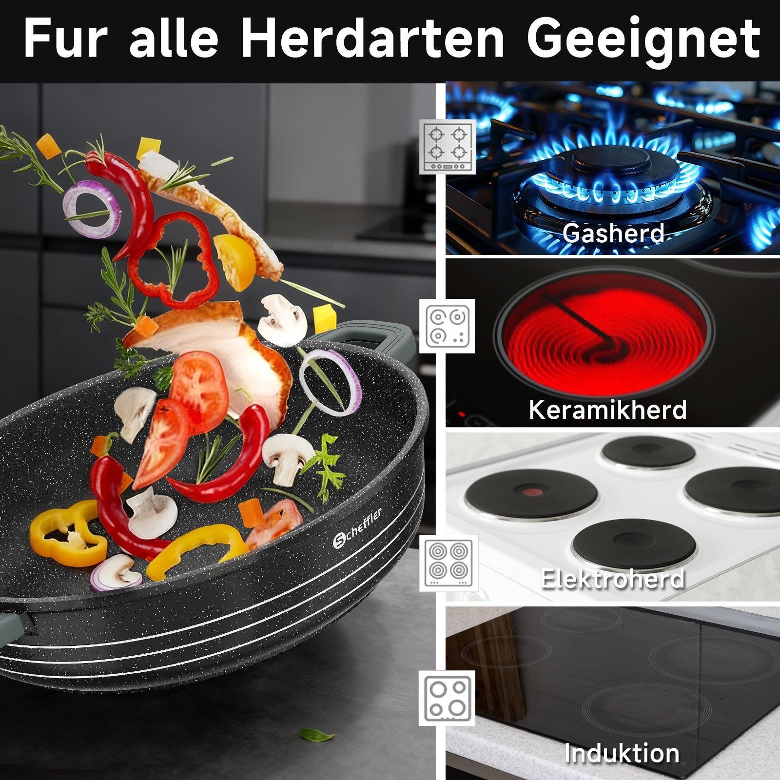 Scheffler Aluguss Kochtopf Set Antihaft Induktion Glasdeckel 3er Set energiesparend robust gleichmäßig gesund kochen 2 Größenwahl
