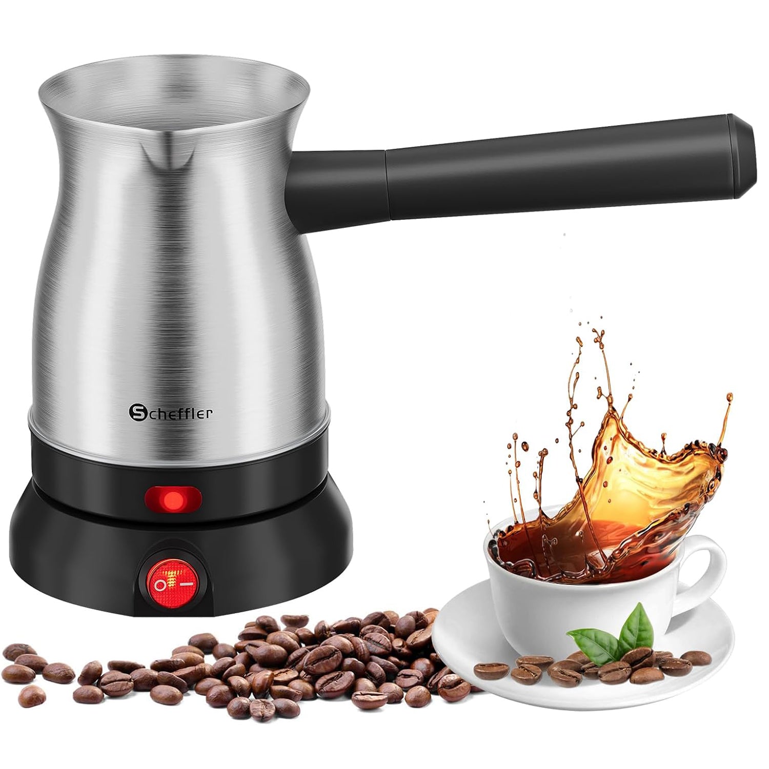 Scheffler Elektrische Türkische Kaffeekanne 800W, Mokkamaschine aus Edelstahl, 500ml Kapazität, kabellose 360° Basis, mit abnehmbarem Griff