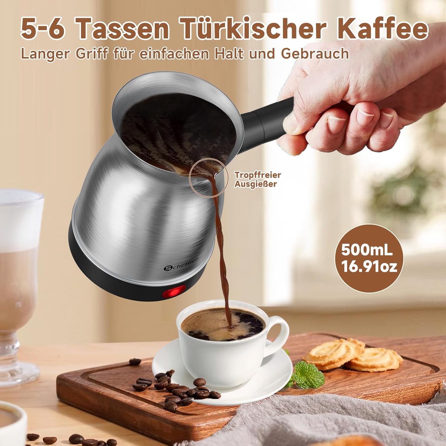 Scheffler Elektrische Türkische Kaffeekanne 800W, Mokkamaschine aus Edelstahl, 500ml Kapazität, kabellose 360° Basis, mit abnehmbarem Griff