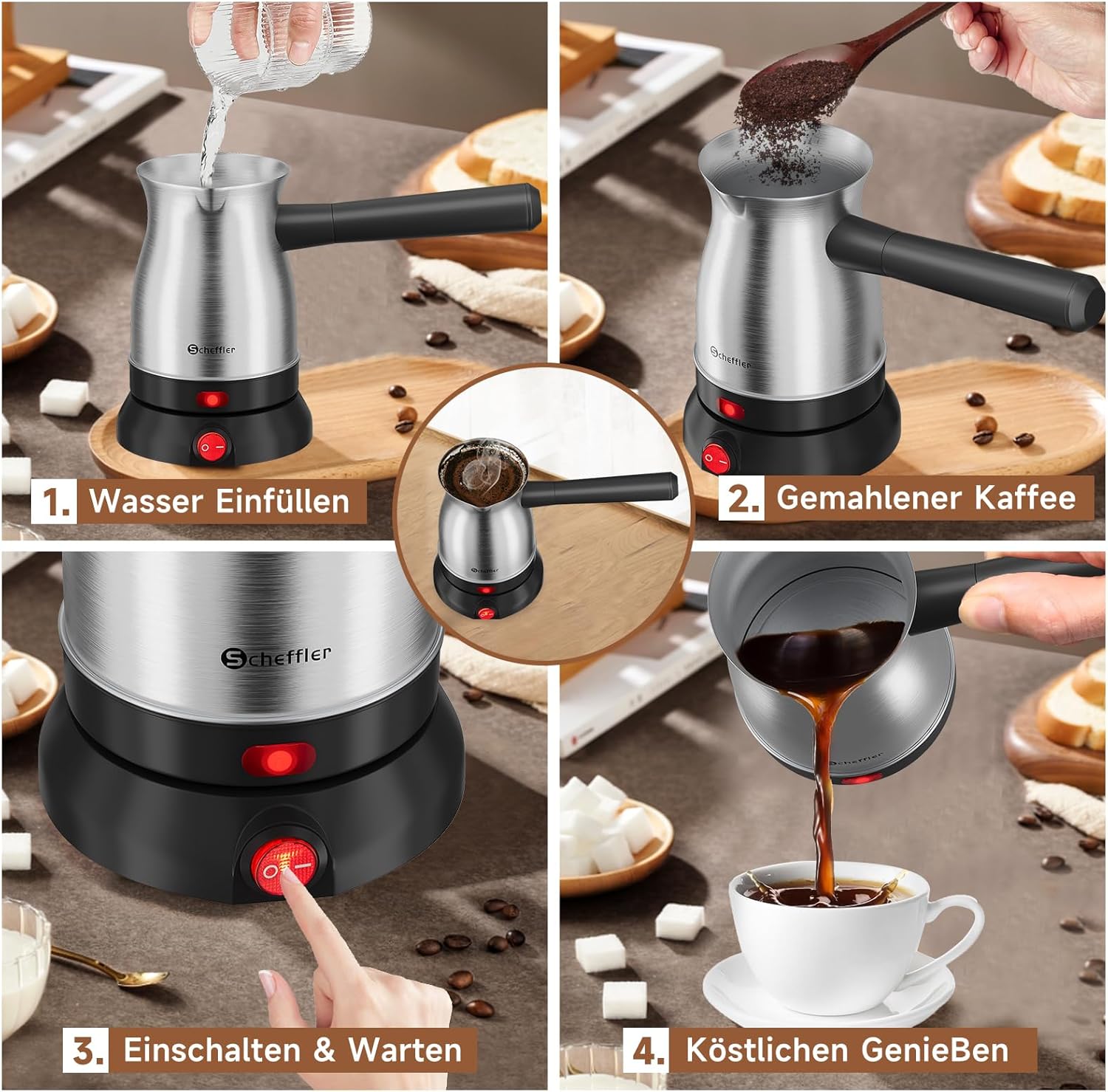 Scheffler Elektrische Türkische Kaffeekanne 800W, Mokkamaschine aus Edelstahl, 500ml Kapazität, kabellose 360° Basis, mit abnehmbarem Griff