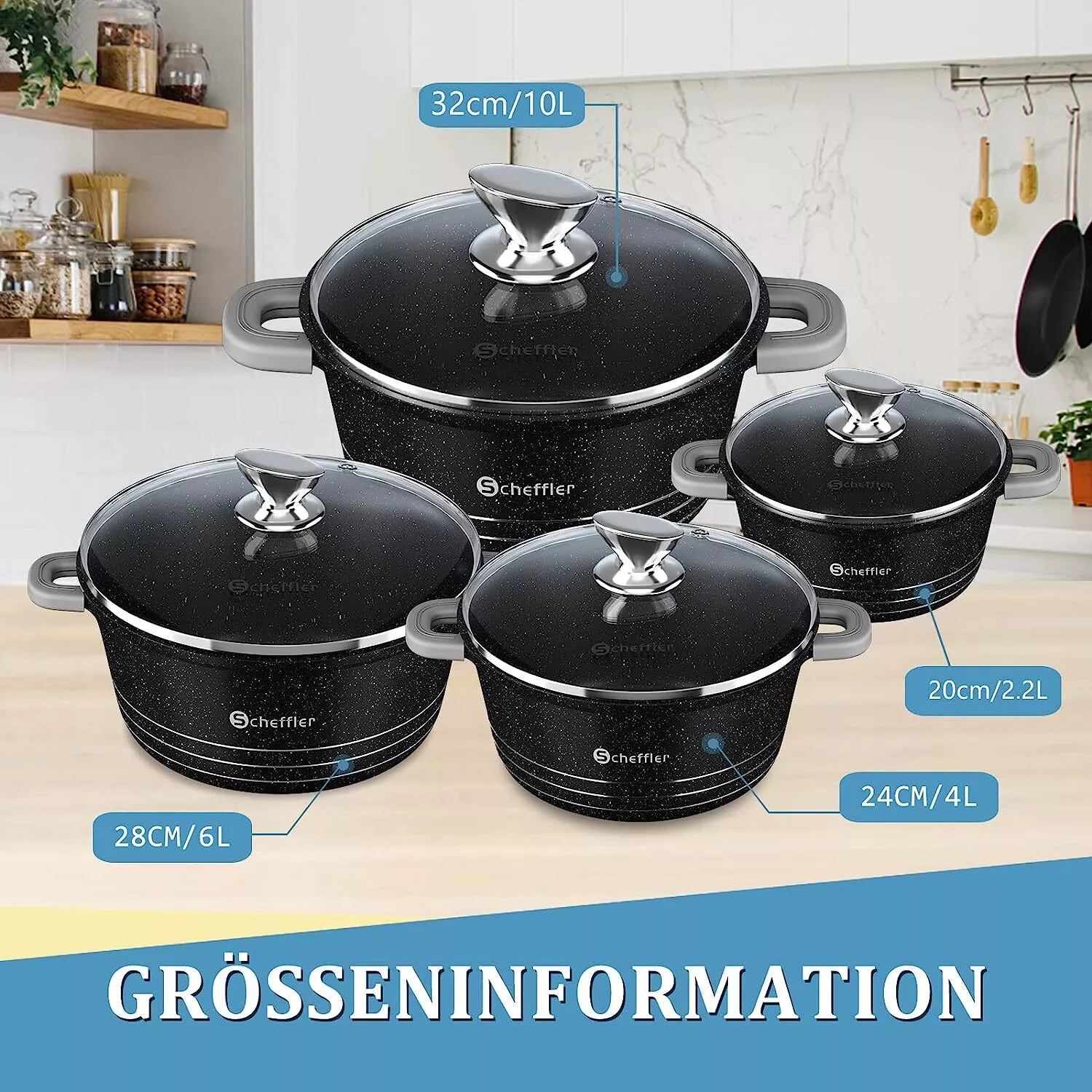 Pot set 24cm, 4L&28cm, 6L&32cm, 10L&36cm, 14L cooking pot set induction with glass lid