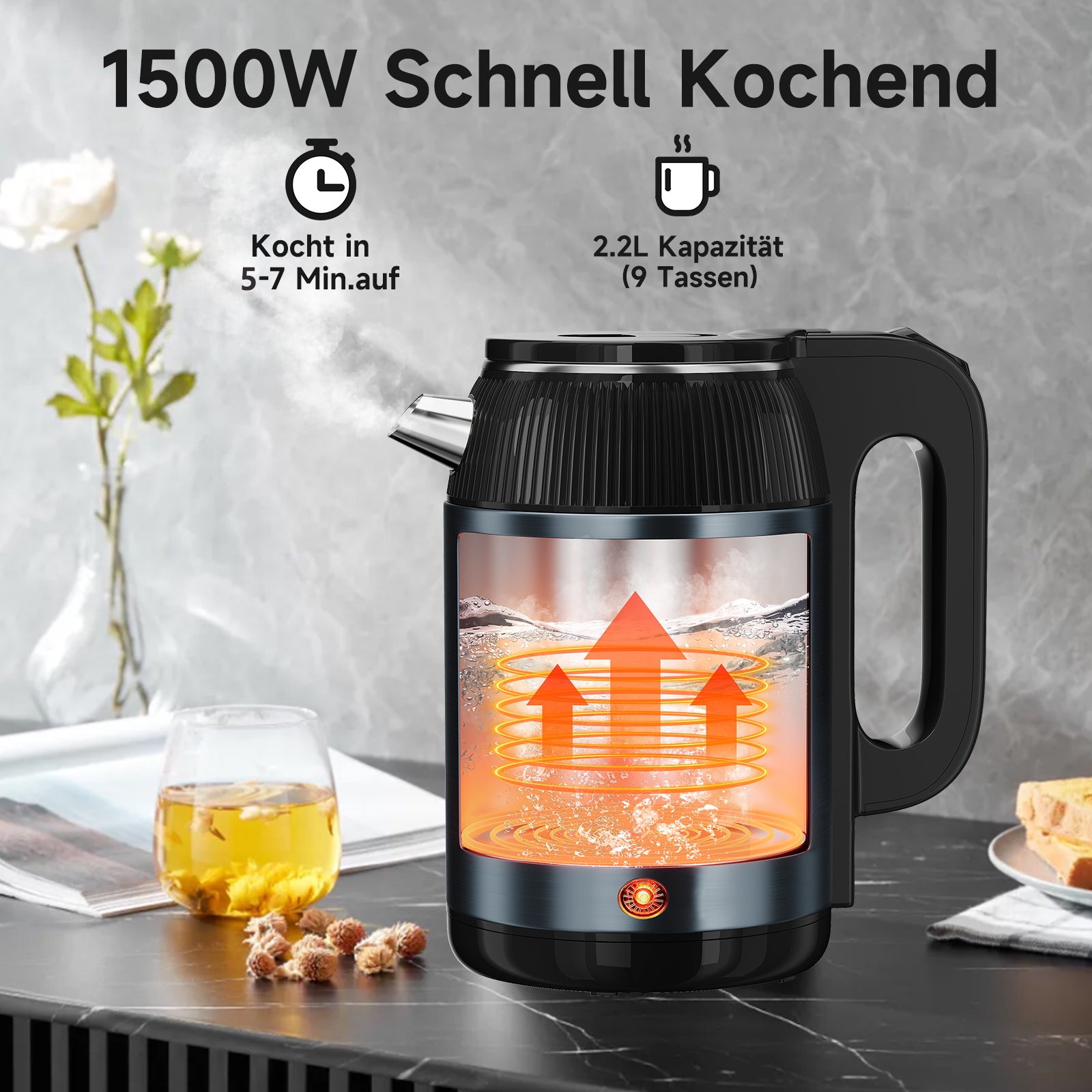 Wasserkocher 2,2L Kabellos 1500W BPA-frei, Schnellkochend, Retro Design Blau/Roségold
