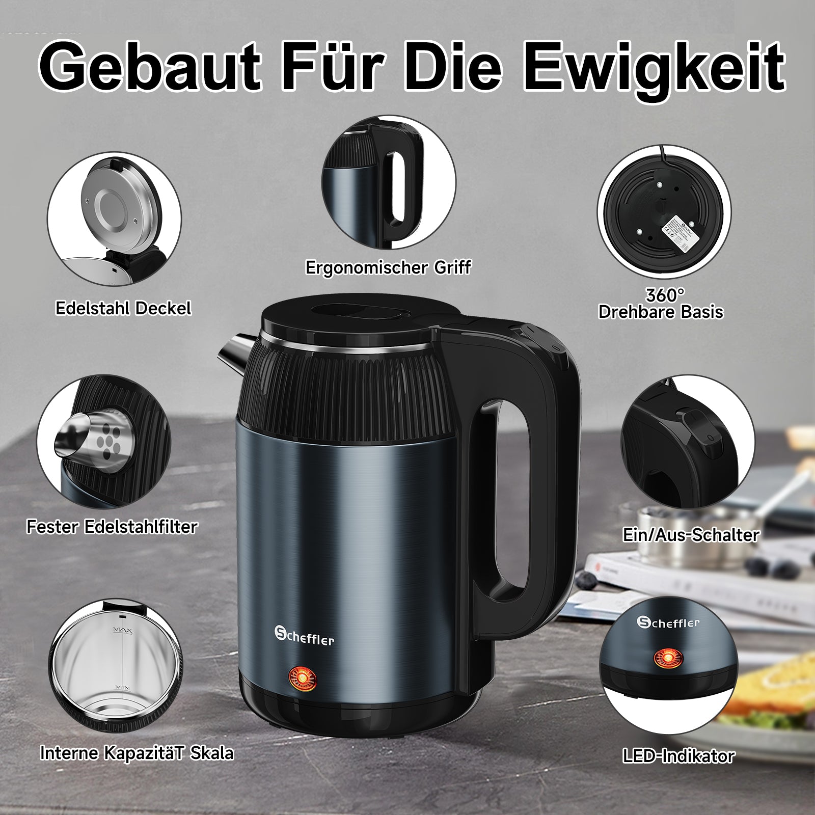 Wasserkocher 2,2L Kabellos 1500W BPA-frei, Schnellkochend, Retro Design Blau/Roségold