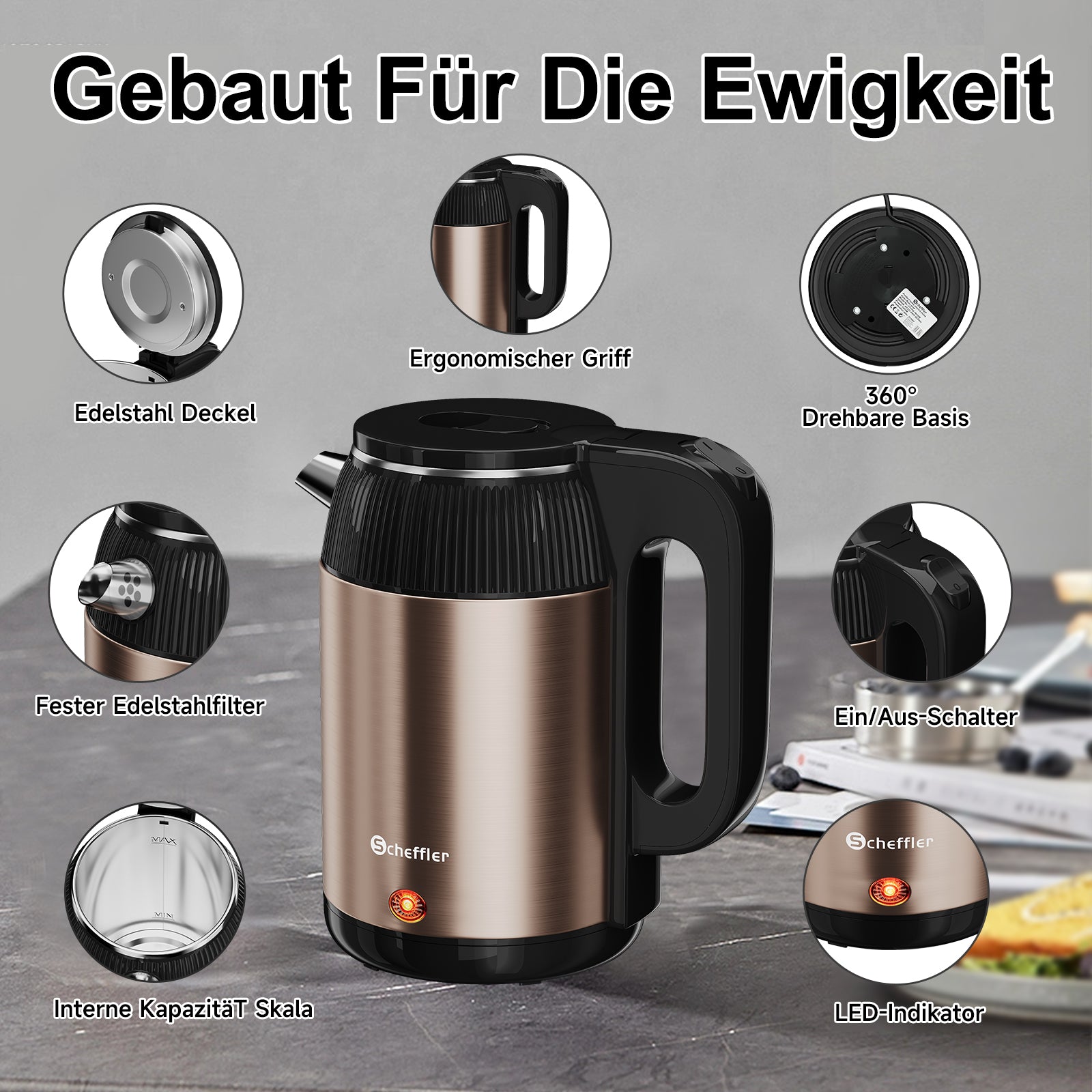 Wasserkocher 2,2L Kabellos 1500W BPA-frei, Schnellkochend, Retro Design Blau/Roségold