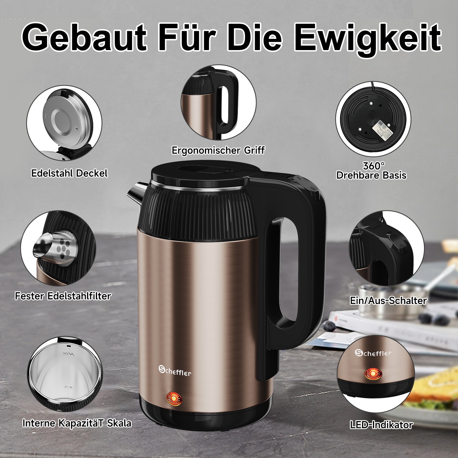Wasserkocher 3L Kabellos 1800W BPA-frei, Schnellkochend, Retro Design Blau/Roségold