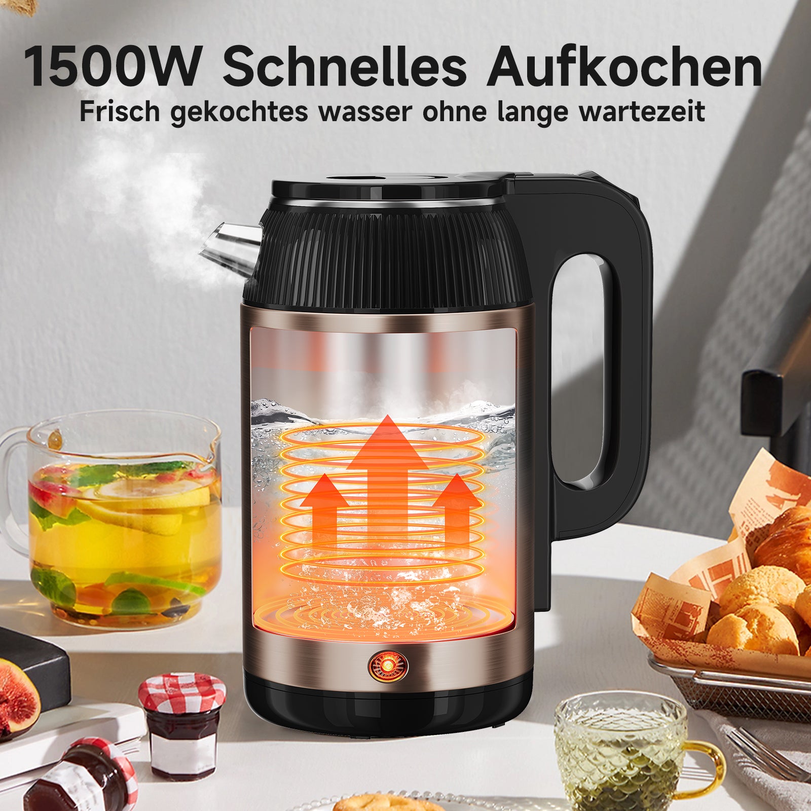 Wasserkocher 3L Kabellos 1500W BPA-frei, Schnellkochend, Retro Design Blau/Roségold