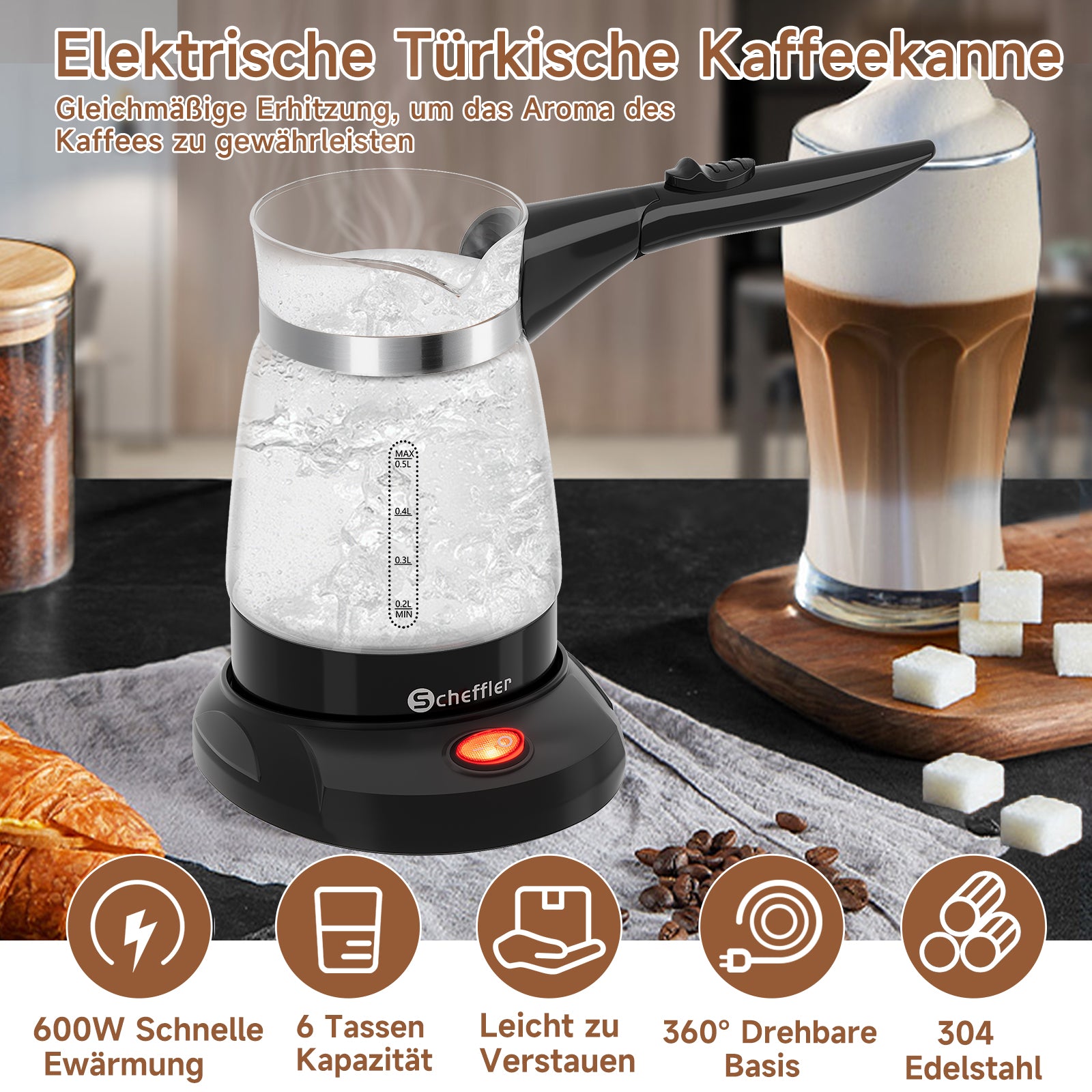 Elektrischer Türkischer Kaffeekocher 600W 0,5L Glas Mokkakocher Espressokocher
