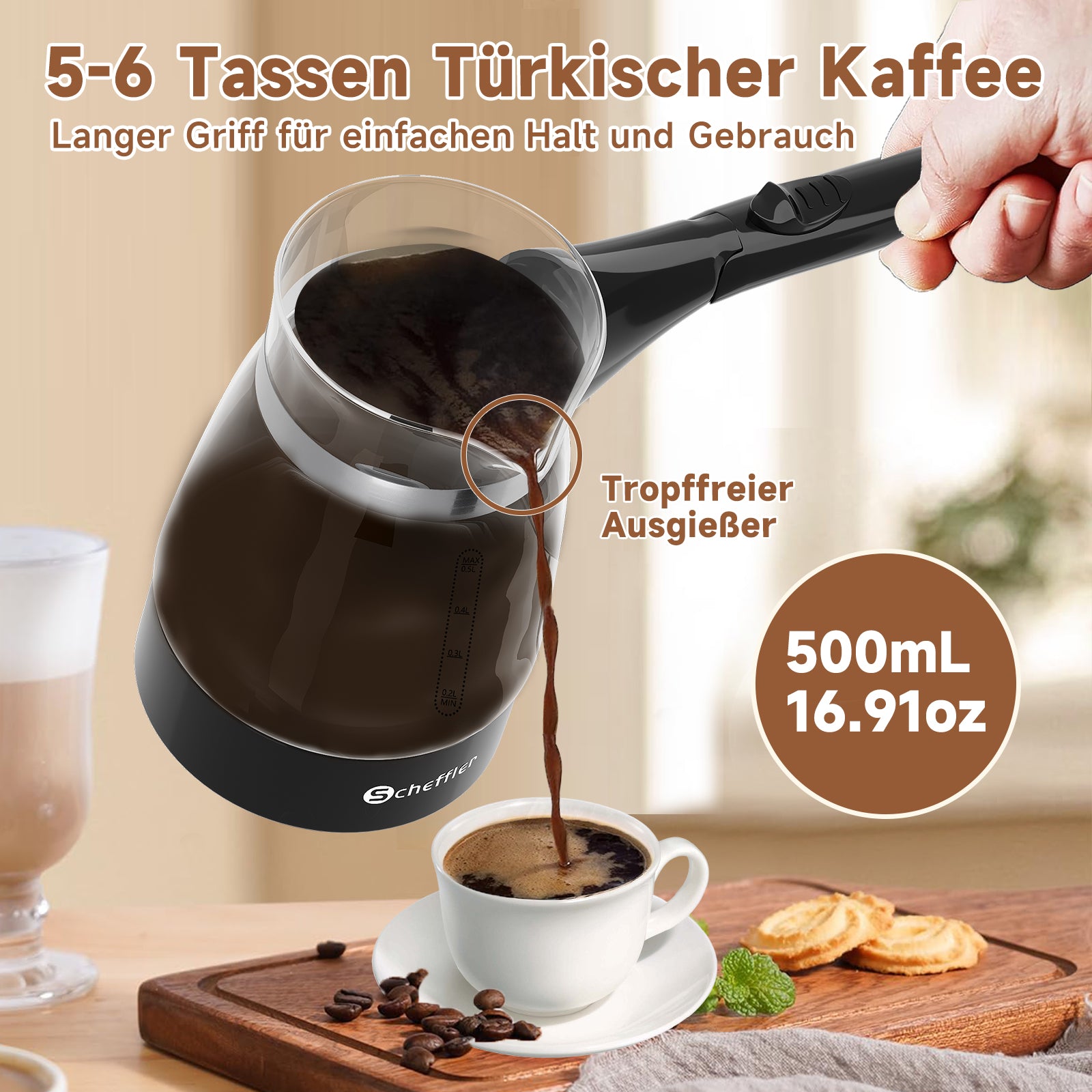 Elektrischer Türkischer Kaffeekocher 600W 0,5L Glas Mokkakocher Espressokocher