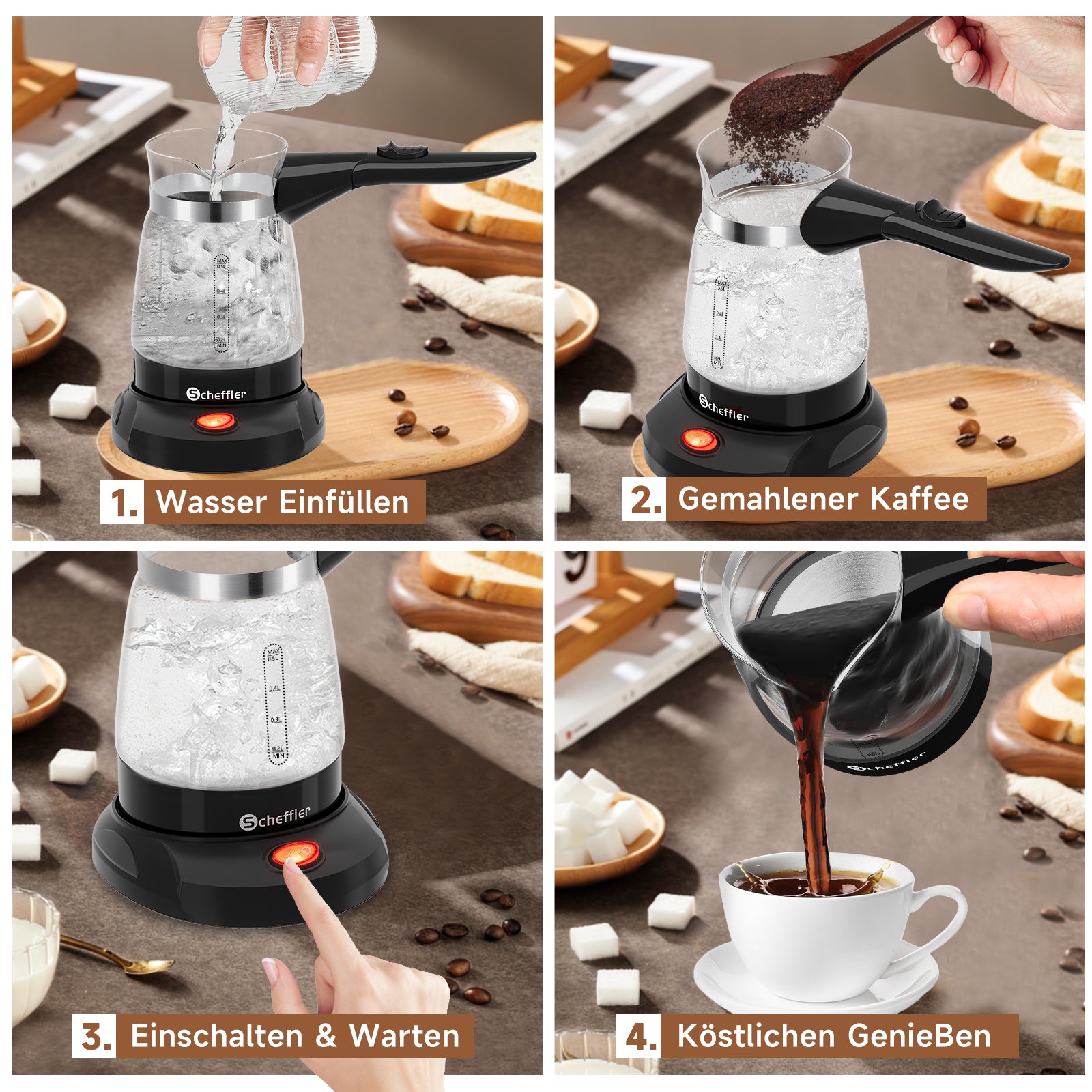 Elektrischer Türkischer Kaffeekocher 600W 0,5L Glas Mokkakocher Espressokocher