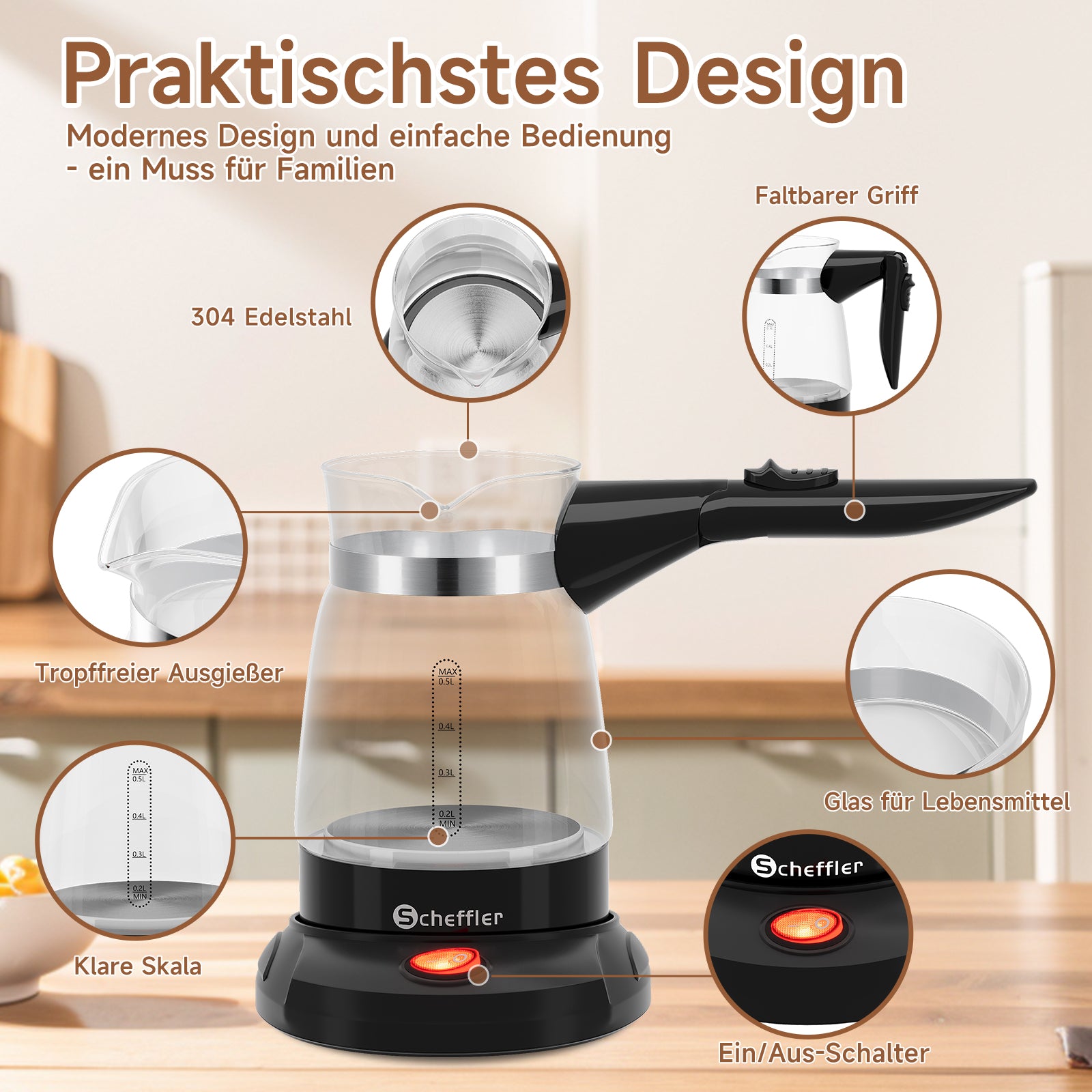 Elektrischer Türkischer Kaffeekocher 600W 0,5L Glas Mokkakocher Espressokocher