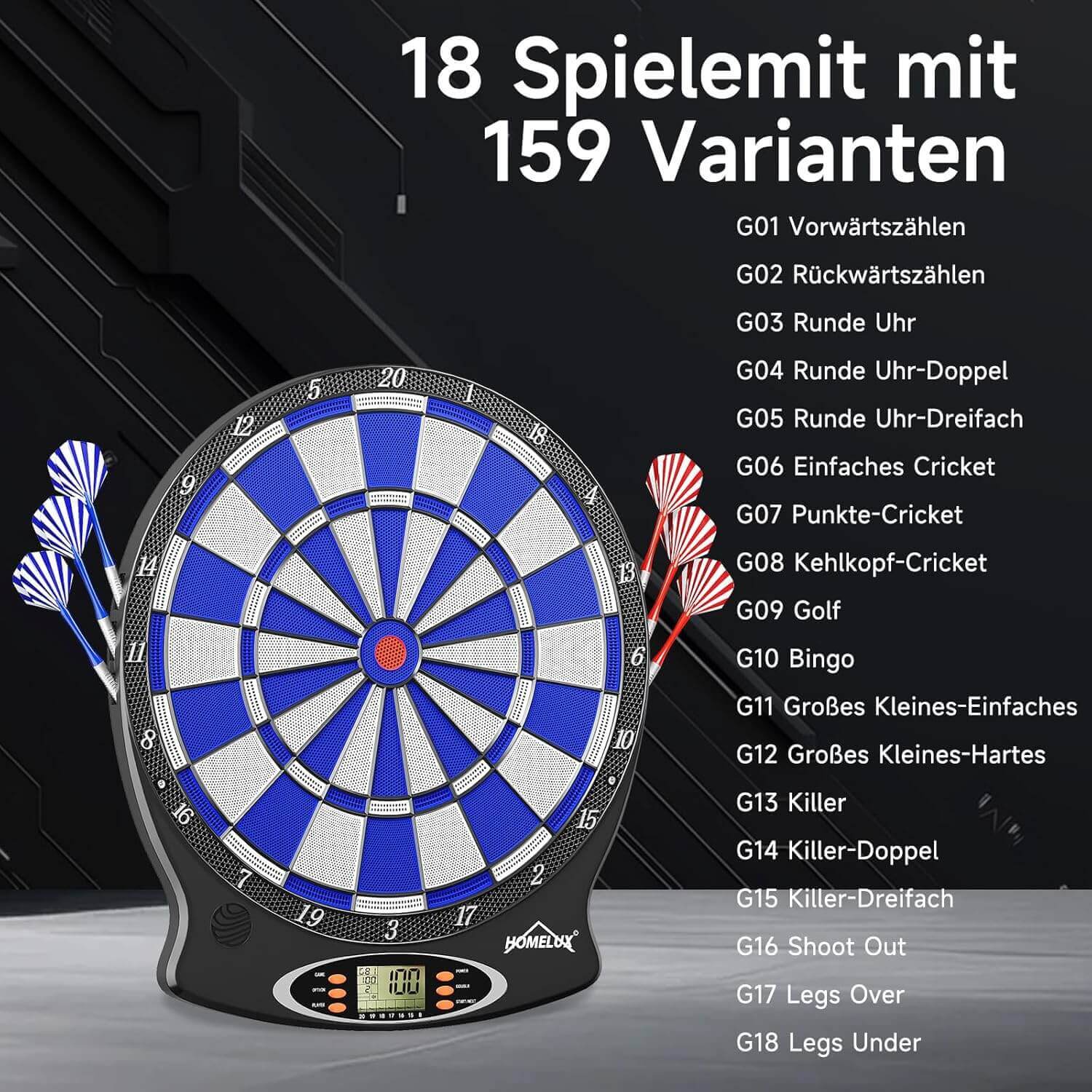 Elektronische Dartscheibe Profi, Elektronisch Dartboard mit 6 Darts + 60 Dartköpfe , innovativer Dartautomat mit 18 Spielen & 159 Variationen