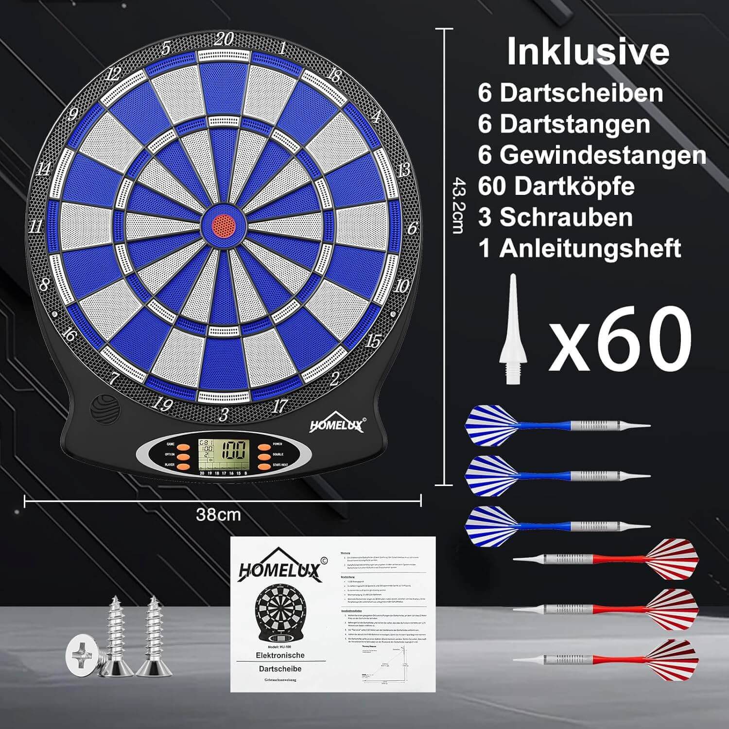 Elektronische Dartscheibe Profi, Elektronisch Dartboard mit 6 Darts + 60 Dartköpfe , innovativer Dartautomat mit 18 Spielen & 159 Variationen