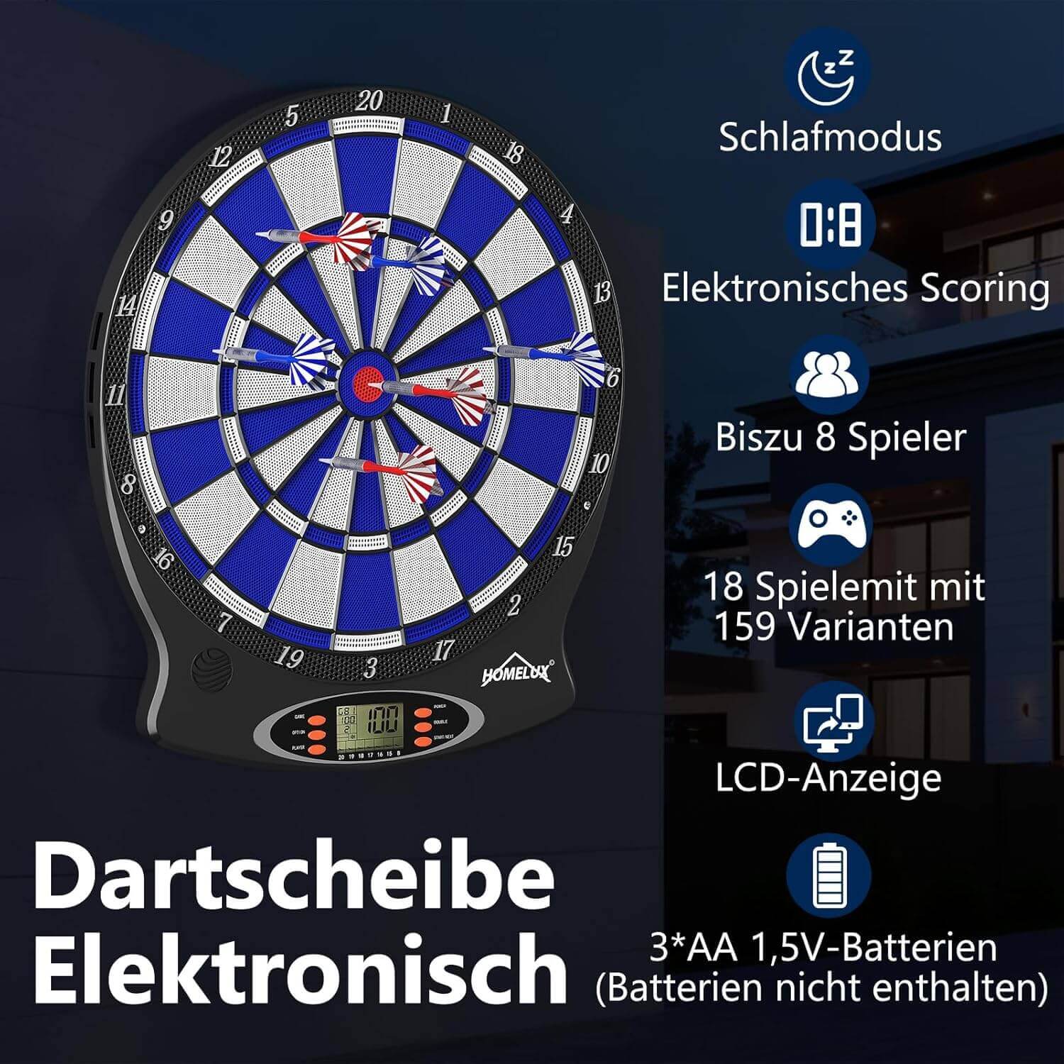 Elektronische Dartscheibe Profi, Elektronisch Dartboard mit 6 Darts + 60 Dartköpfe , innovativer Dartautomat mit 18 Spielen & 159 Variationen