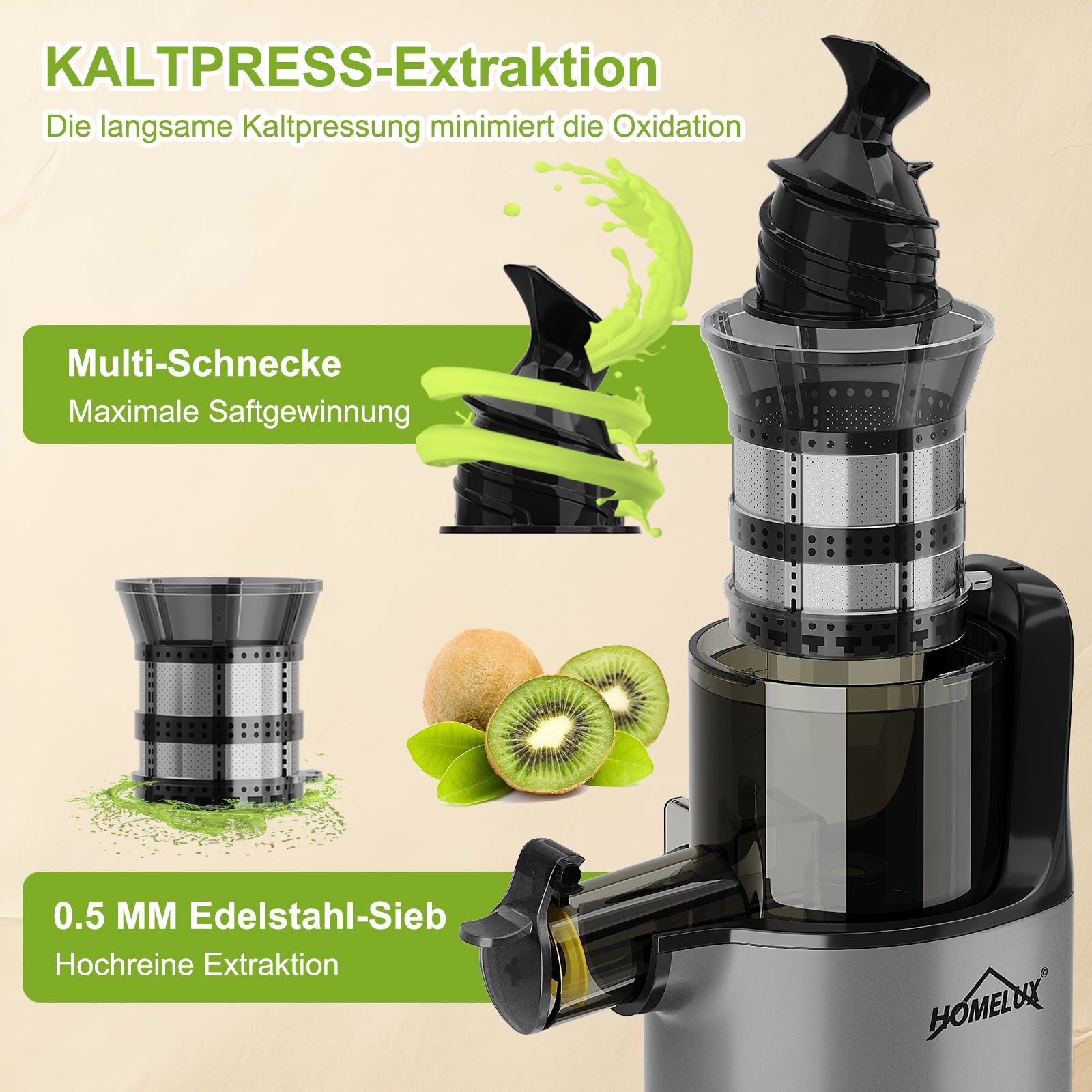 HOMELUX Slow Juicer Kaltpress Entsafter 120W 55 U/min, 85% Saftausbeute, leise 55dB, Kompakt, Leicht zu reinigen, Rückwärtsfunktion
