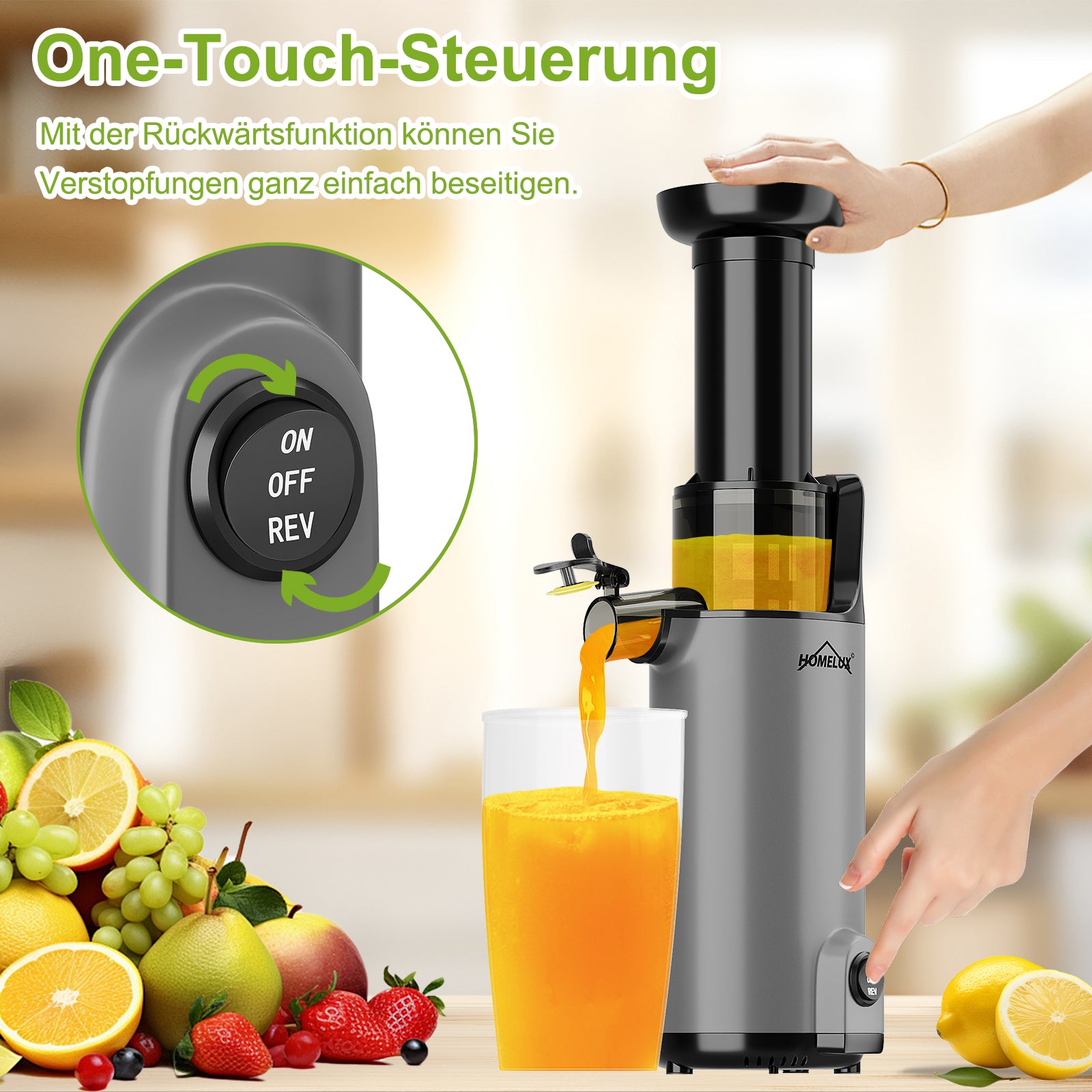 HOMELUX Slow Juicer Kaltpress Entsafter 120W 55 U/min, 85% Saftausbeute, leise 55dB, Kompakt, Leicht zu reinigen, Rückwärtsfunktion