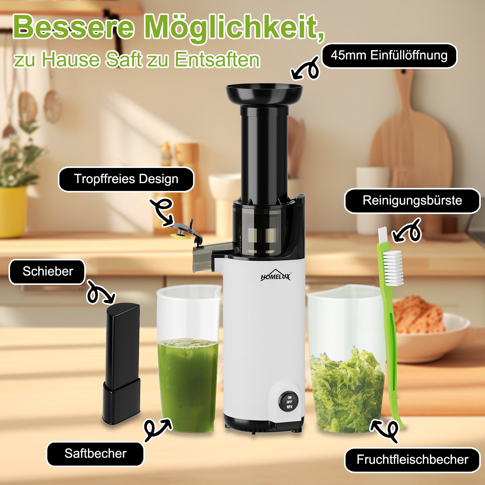 HOMELUX Slow Juicer Kaltpress Entsafter 120W 55 U/min, 85% Saftausbeute, leise 55dB, Kompakt, Leicht zu reinigen, Rückwärtsfunktion