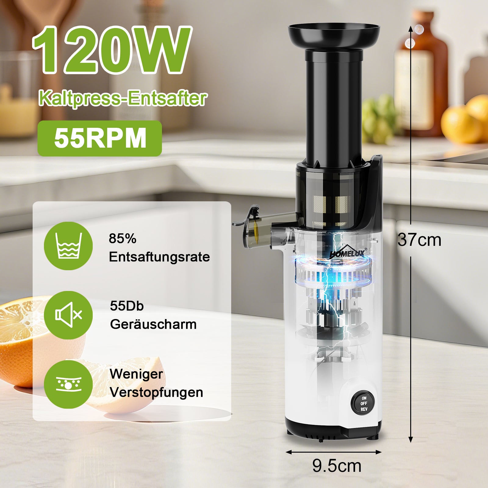 HOMELUX Slow Juicer Kaltpress Entsafter 120W 55 U/min, 85% Saftausbeute, leise 55dB, Kompakt, Leicht zu reinigen, Rückwärtsfunktion