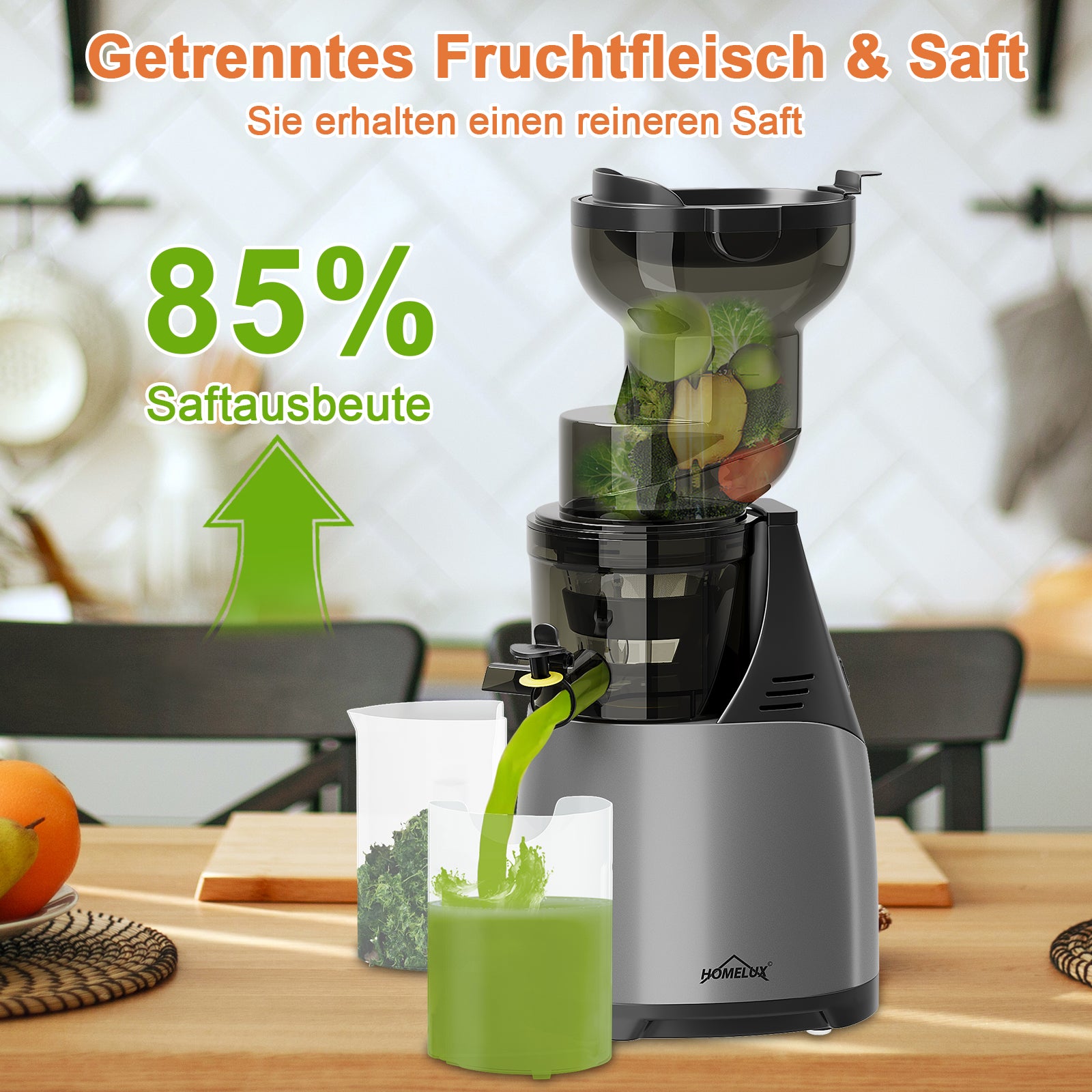 HOMELUX Slow Juicer Entsafter, 140mm XXL Einfüllschacht für ganze Früchte, 150W Kaltpresse Saftpresse, Hohe Saftausbeute