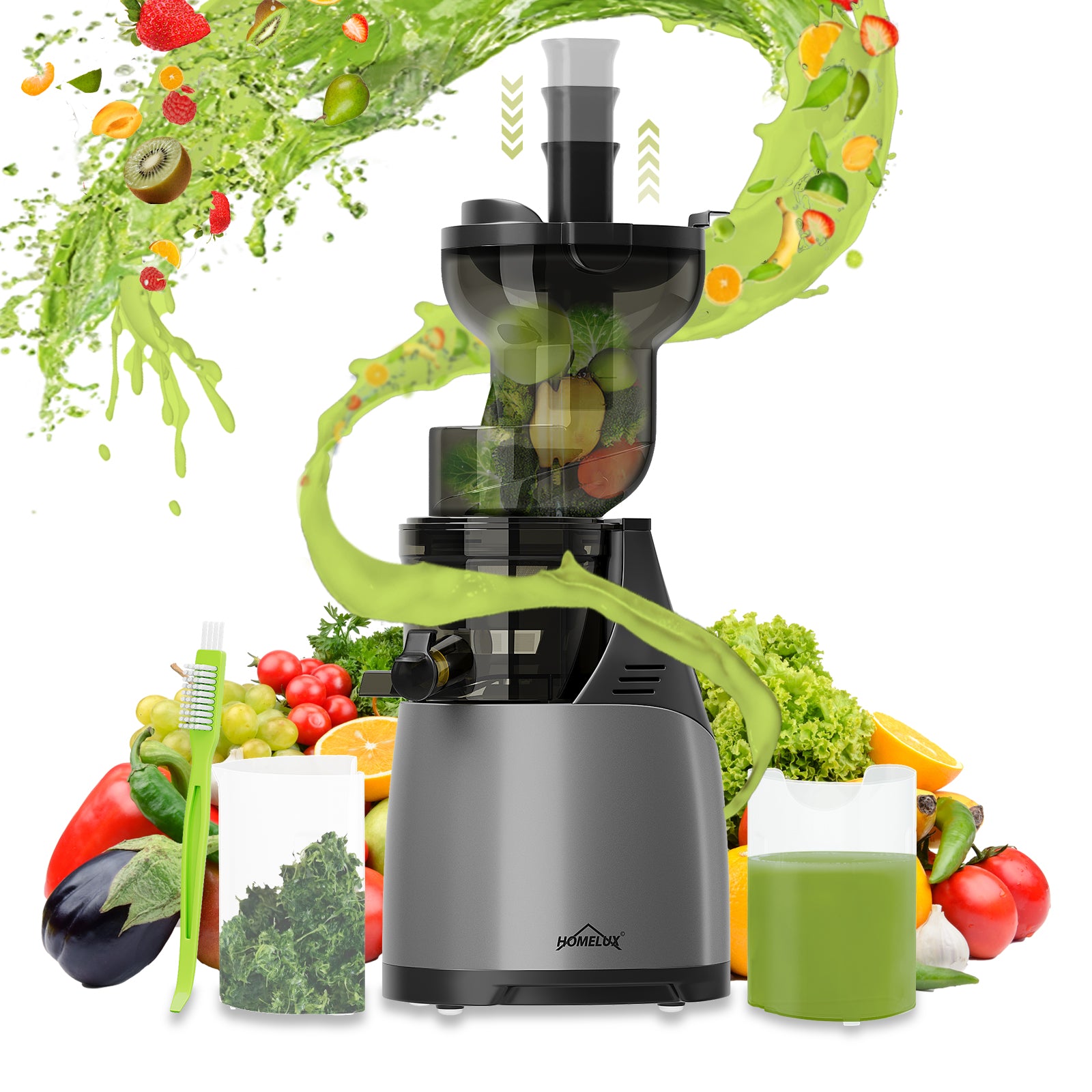 HOMELUX Slow Juicer Entsafter, 140mm XXL Einfüllschacht für ganze Früchte, 150W Kaltpresse Saftpresse, Hohe Saftausbeute