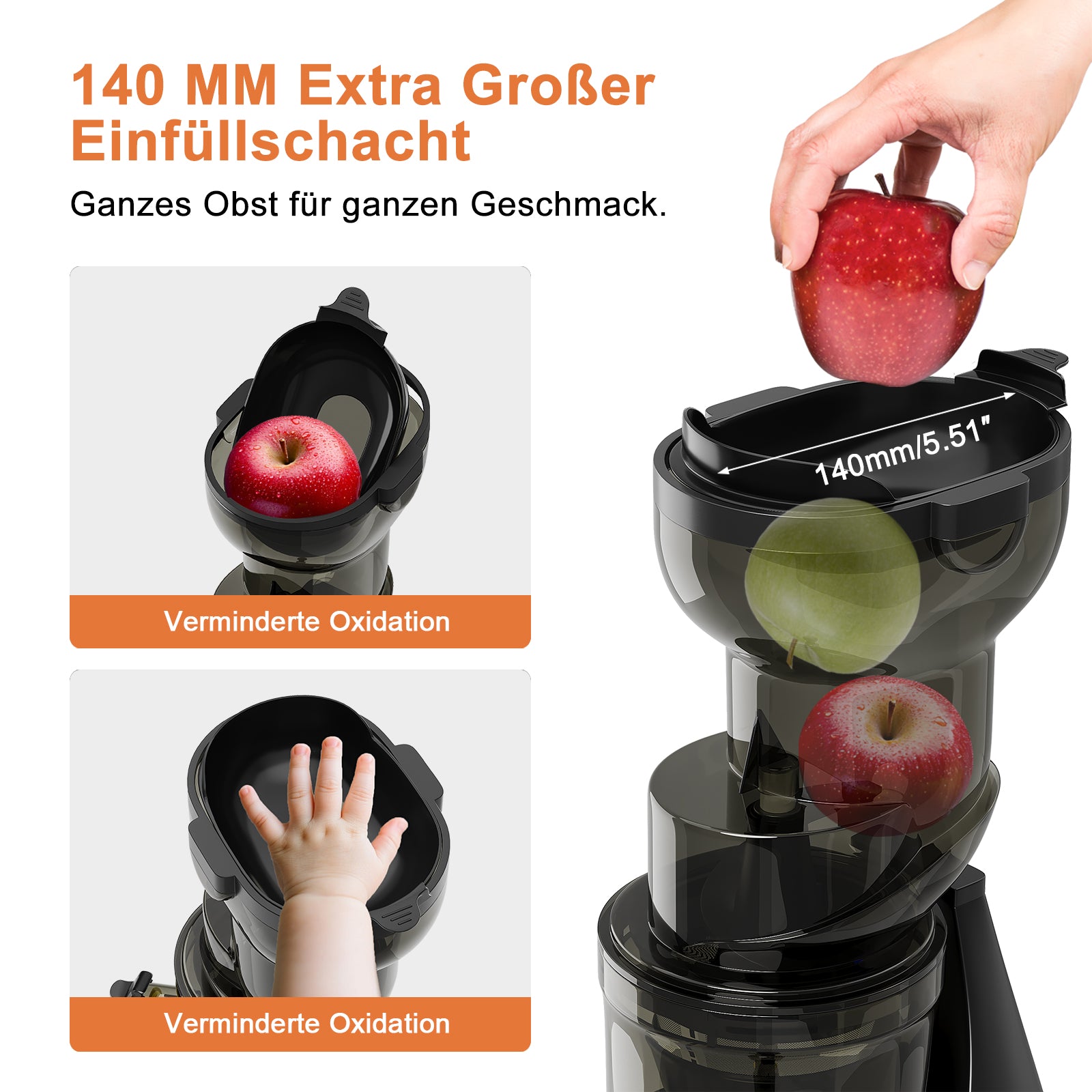 HOMELUX Slow Juicer Entsafter, 140mm XXL Einfüllschacht für ganze Früchte, 150W Kaltpresse Saftpresse, Hohe Saftausbeute