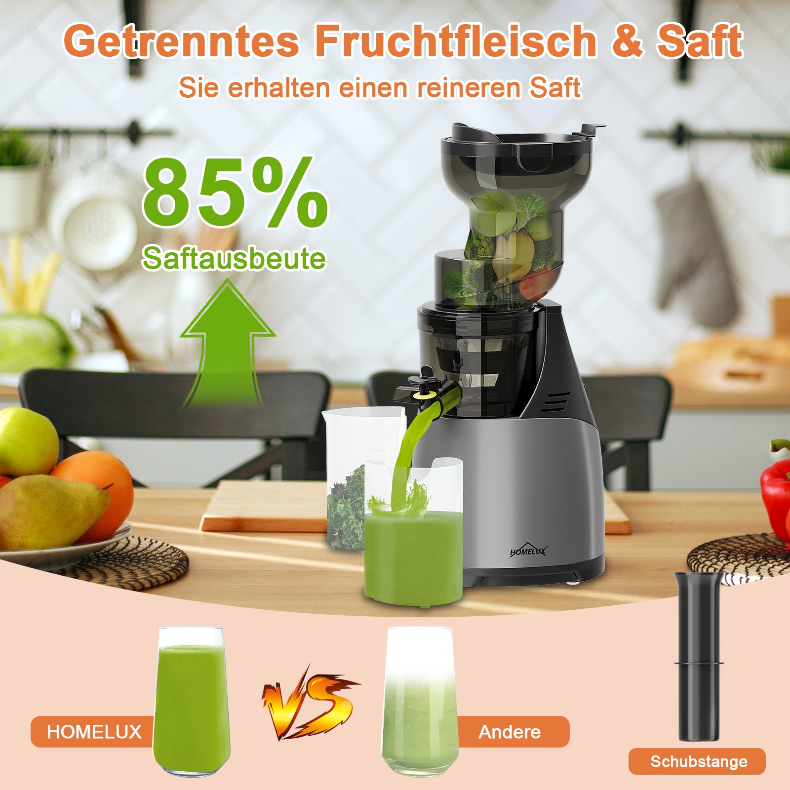 HOMELUX Slow Juicer Entsafter, 140mm XXL Einfüllschacht für ganze Früchte, 150W Kaltpresse Saftpresse, Hohe Saftausbeute