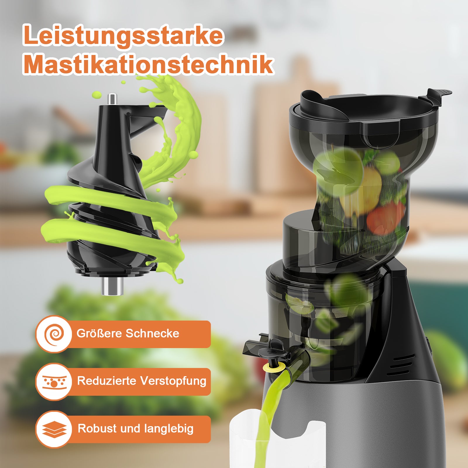 HOMELUX Slow Juicer Entsafter, 140mm XXL Einfüllschacht für ganze Früchte, 150W Kaltpresse Saftpresse, Hohe Saftausbeute
