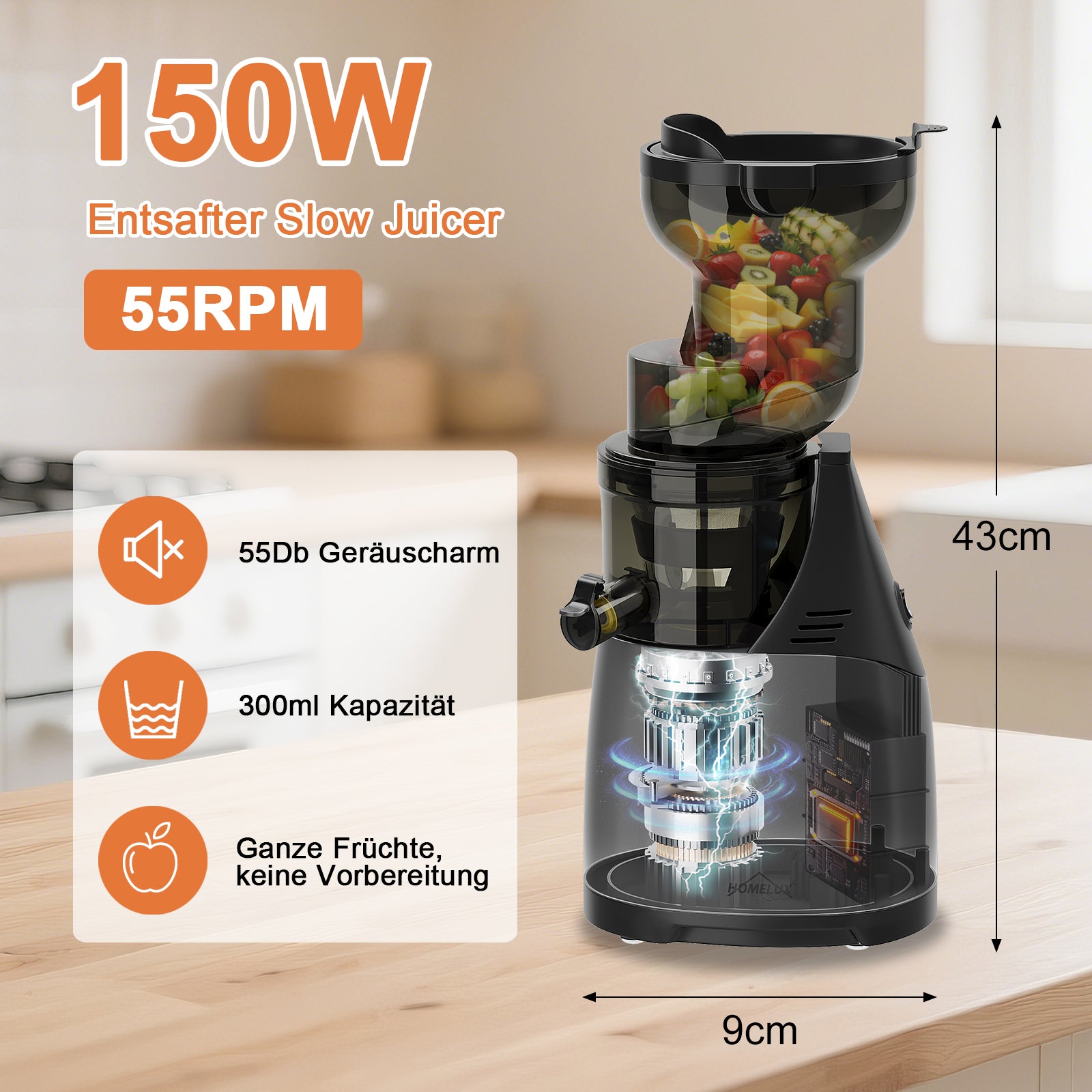 HOMELUX Slow Juicer Entsafter, 140mm XXL Einfüllschacht für ganze Früchte, 150W Kaltpresse Saftpresse, Hohe Saftausbeute